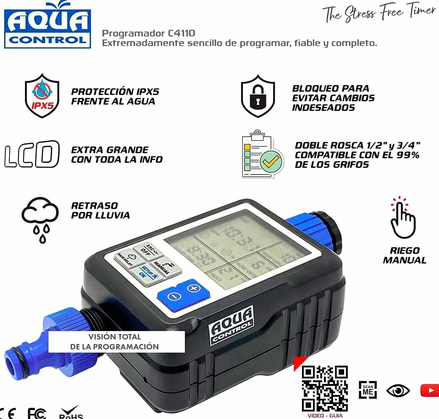 Aqua Control C4110 Cyfrowe nawadnianie z wyświetlaczem panoramicznym Bardzo łatwe programowanie Full Vision 2. Zobacz wszystkie informacje o programowaniu.