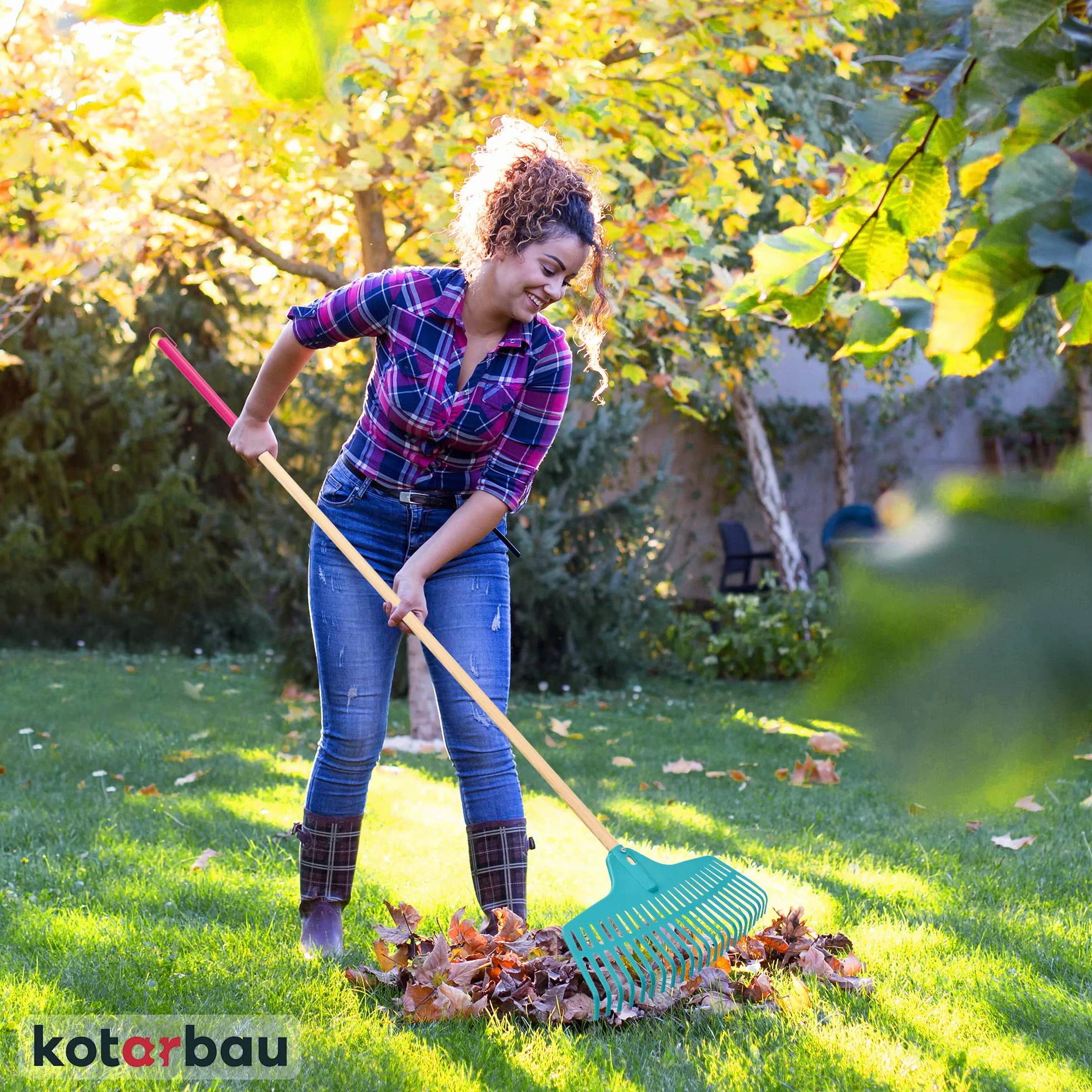 KOTARBAU® Grabie do Liści - 46 cm - Grabie do Trawy - Plastikowe - Niebieskie - Drewniany Trzon