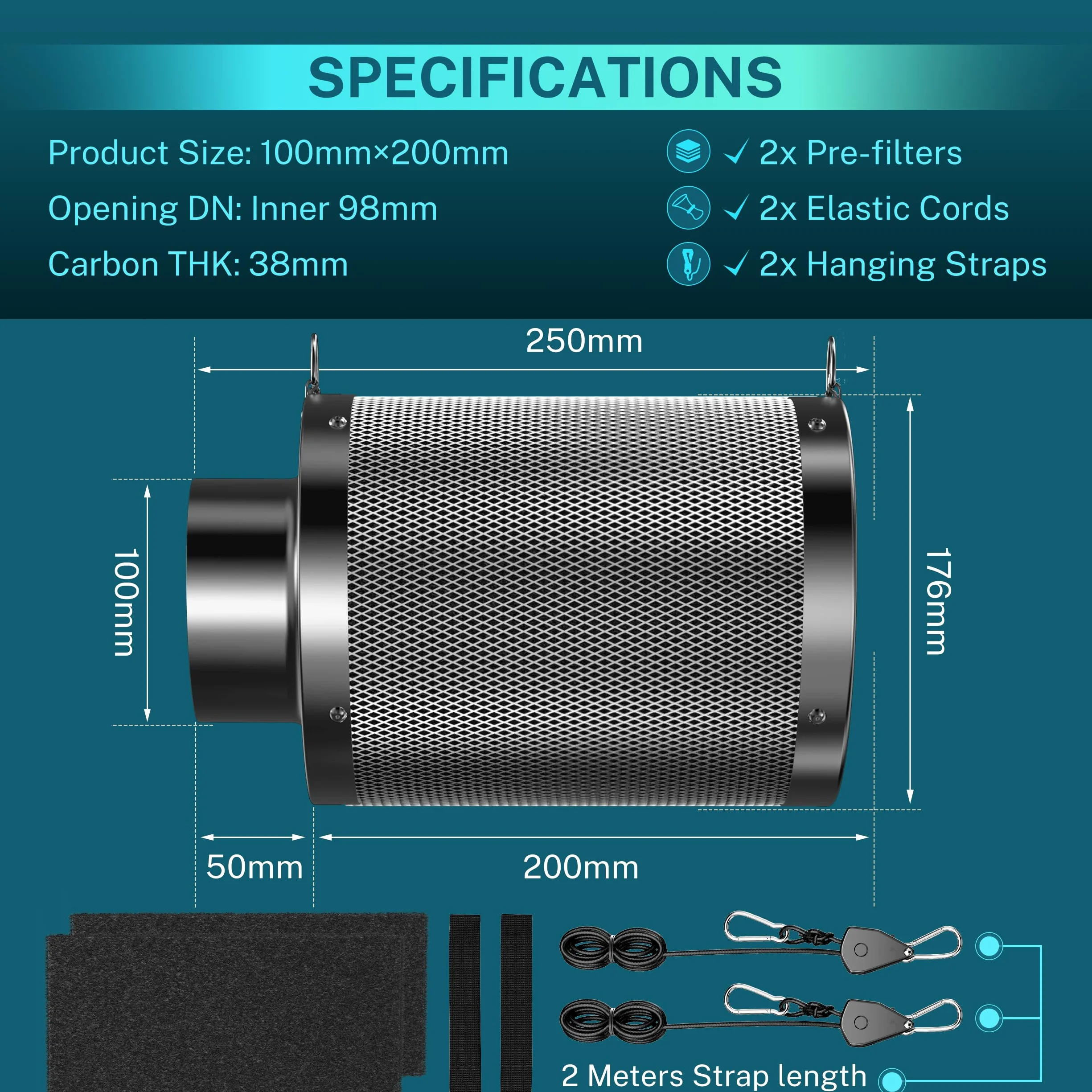 HG Power Filtr z węglem aktywnym 100 mm, długość 200 mm – 38 mm Premium Australijski węgiel aktywny Virgin, kontrola zapachu do namiotów uprawnych, hydroponiki i wentylatora rurowego, w zestawie 2