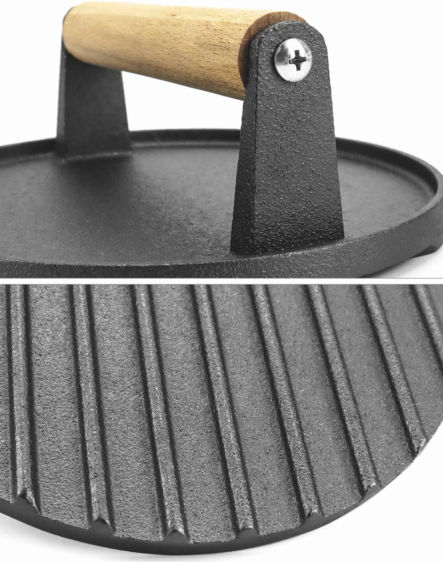 QWORK® nieprzywierająca żeliwna prasa do burgerów, drewniany uchwyt, 17,5 cm