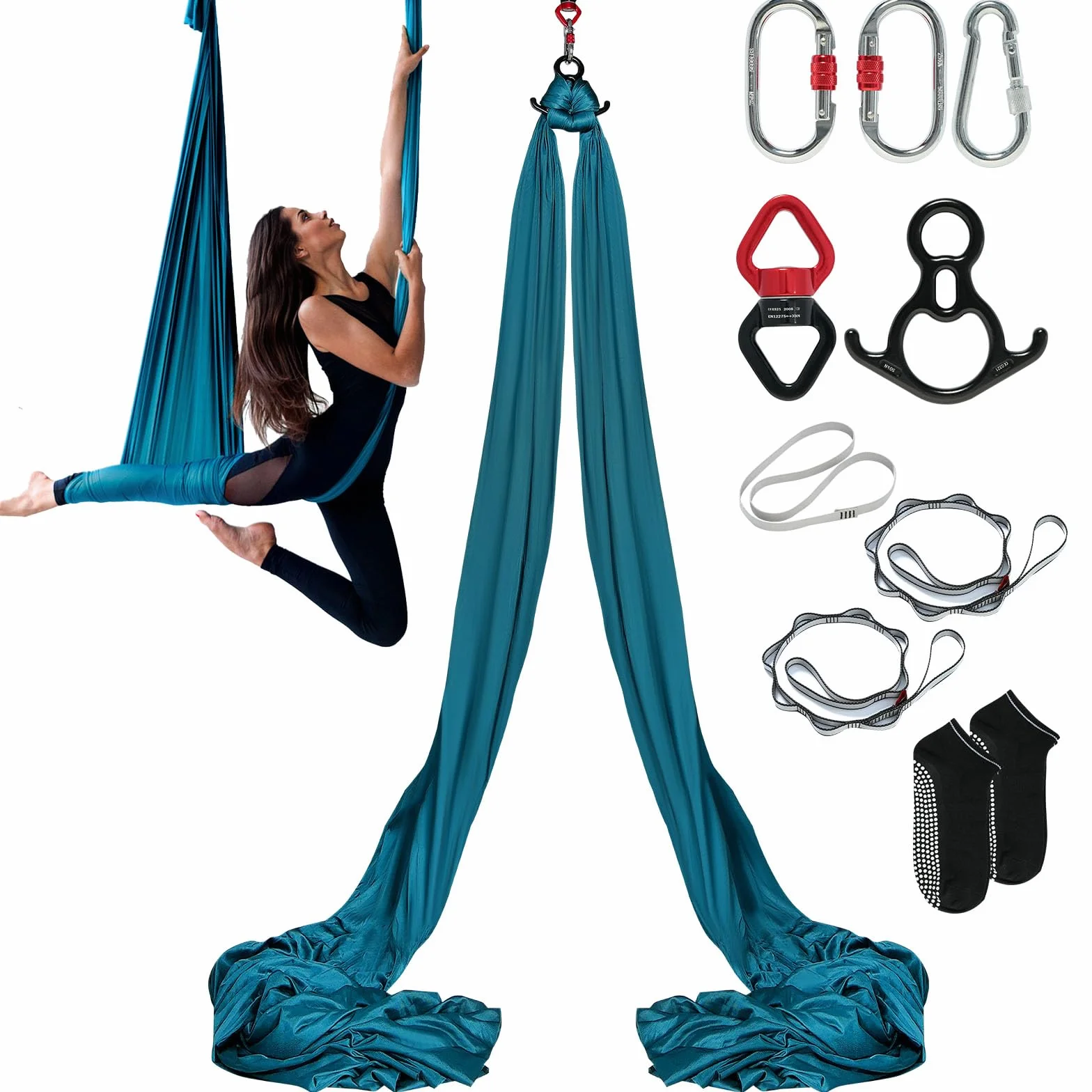 VEVOR Aerial Yoga Hamak Zestaw 8 x 2,8 m, Zielony Swing Air Muchy, Indoor Hammock 1000 kg Maks. Nośność, W Zestawie Skarpety do Jogi i Stalowy Karabińczyk