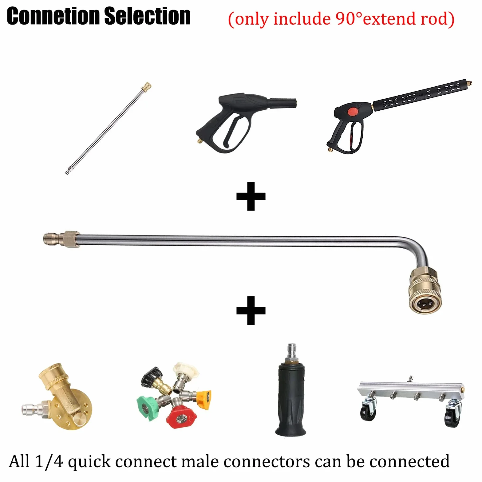 Przedłużacz lancy do myjki ciśnieniowej, 34 cm przedłużacz lancy z 5 dyszami natryskowymi Quick Connect, zakrzywione pręty 90°, szybkie połączenie 1/4 cala