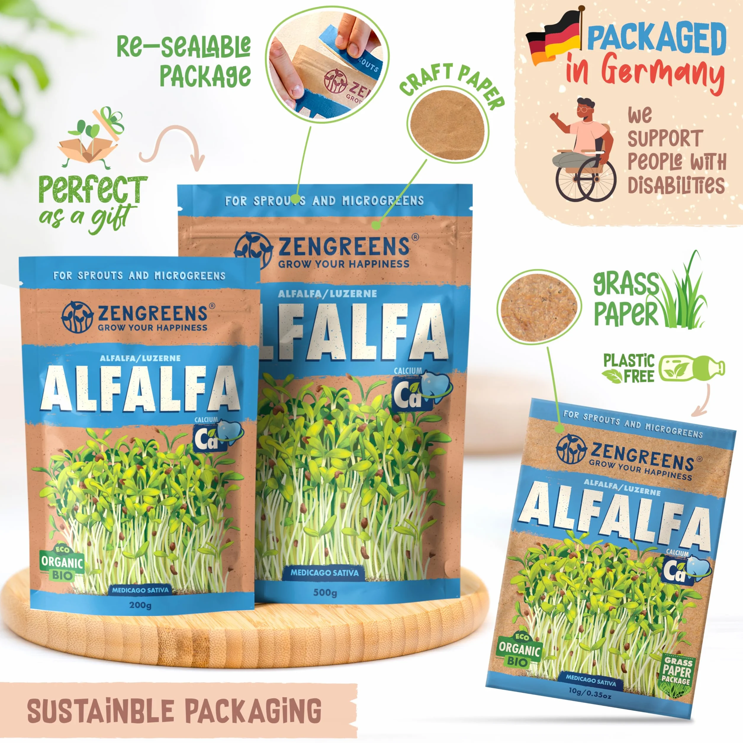 ZenGreens® - Organiczne nasiona lucerny - Wybierz pomiędzy 10, 200 g i 500 - nasiona lucerny o zdolności kiełkowania ponad 97% - nasiona lucerny kiełki