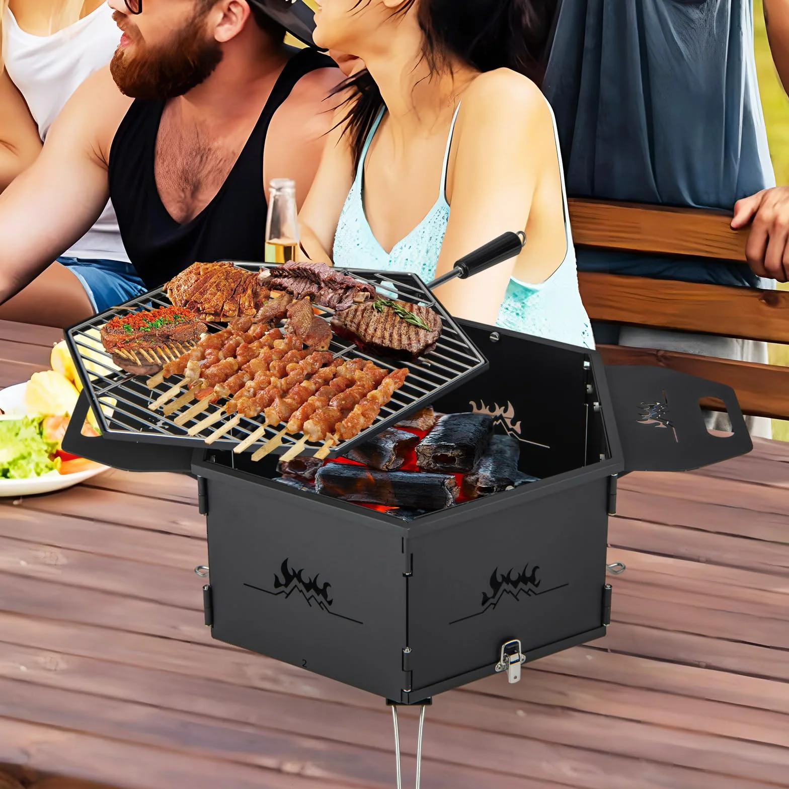 COSTWAY Duży grill na węgiel drzewny, obracany 360°, palenisko 2 w 1, składany, kempingowy, 77x74x38 cm