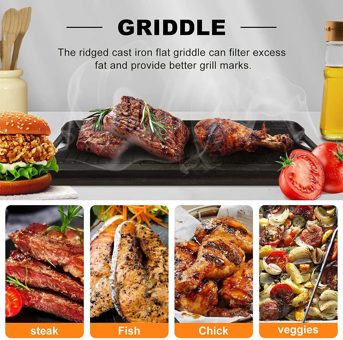 GFTIME Żeliwna płyta grillowa, dwustronna, do piekarnika, kuchenki i grilla, żeliwny grill kuchenny i patelnia grillowa 2 w 1, 50,8 x 26,5 cm