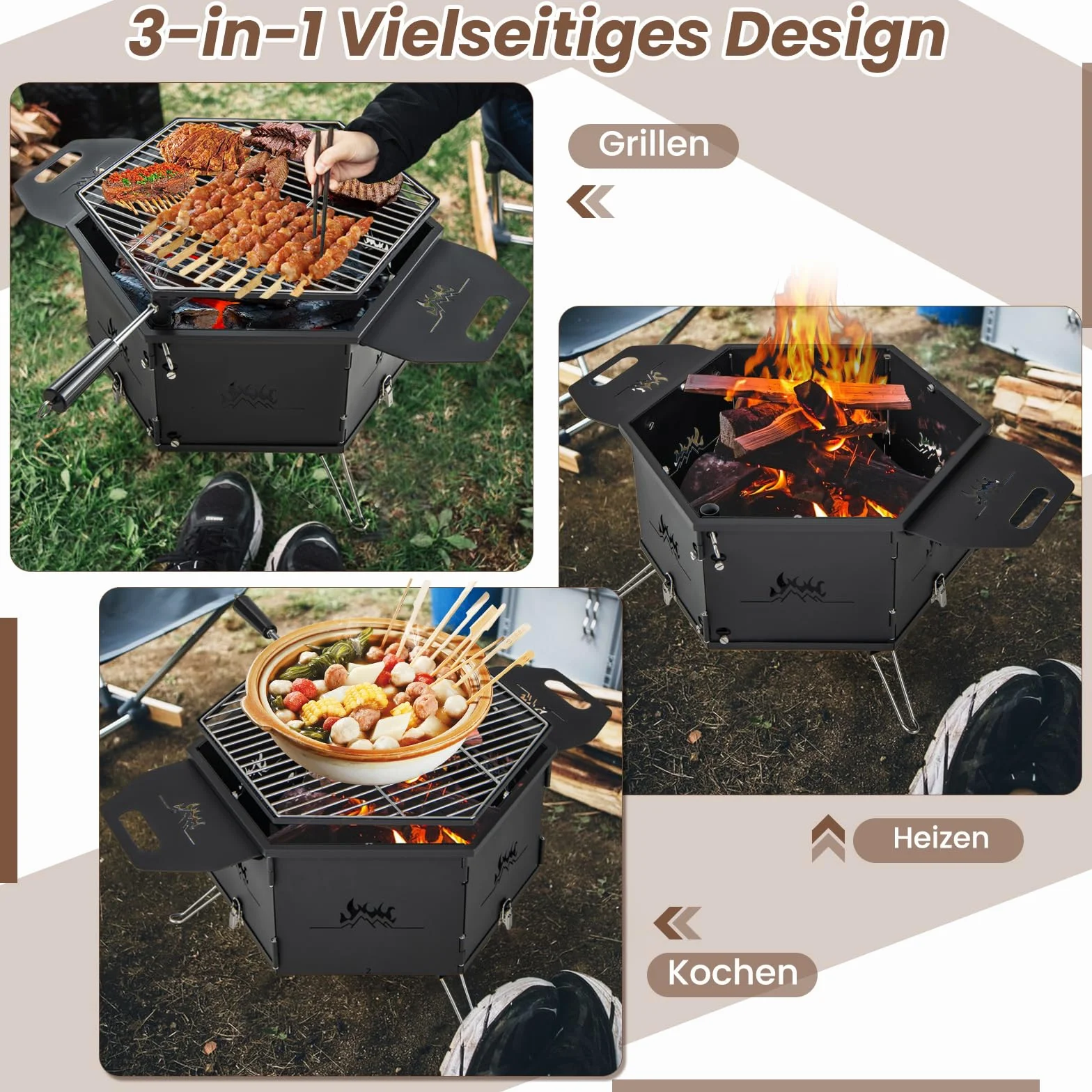 COSTWAY Duży grill na węgiel drzewny, obracany 360°, palenisko 2 w 1, składany, kempingowy, 77x74x38 cm