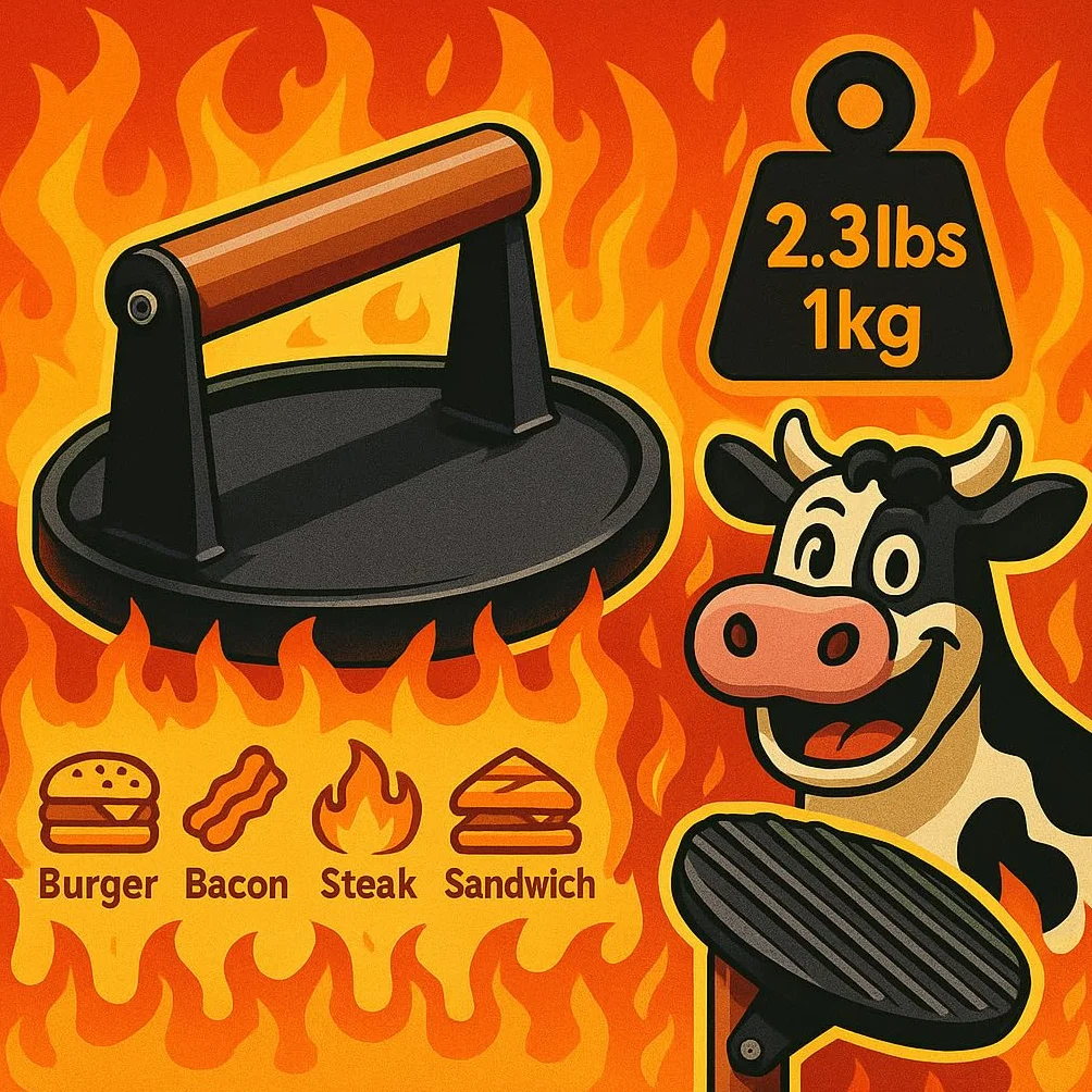 Nozzy Prasa do Burgerów, żeliwna prasa do grilla z drewnianym uchwytem