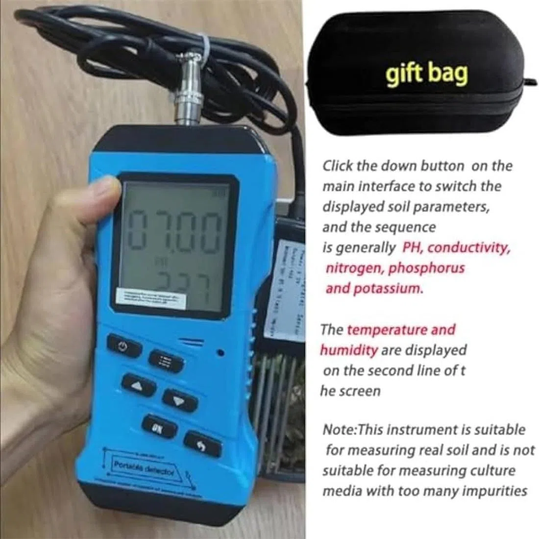 Tester gleby, 7 w 1 NPK/pH/EC/wilgotność/temperatura/wilgotność, wysoka dokładność, duży podświetlany wyświetlacz LCD, bez odczynników do ogrodu/gospodarstwa/szklarni