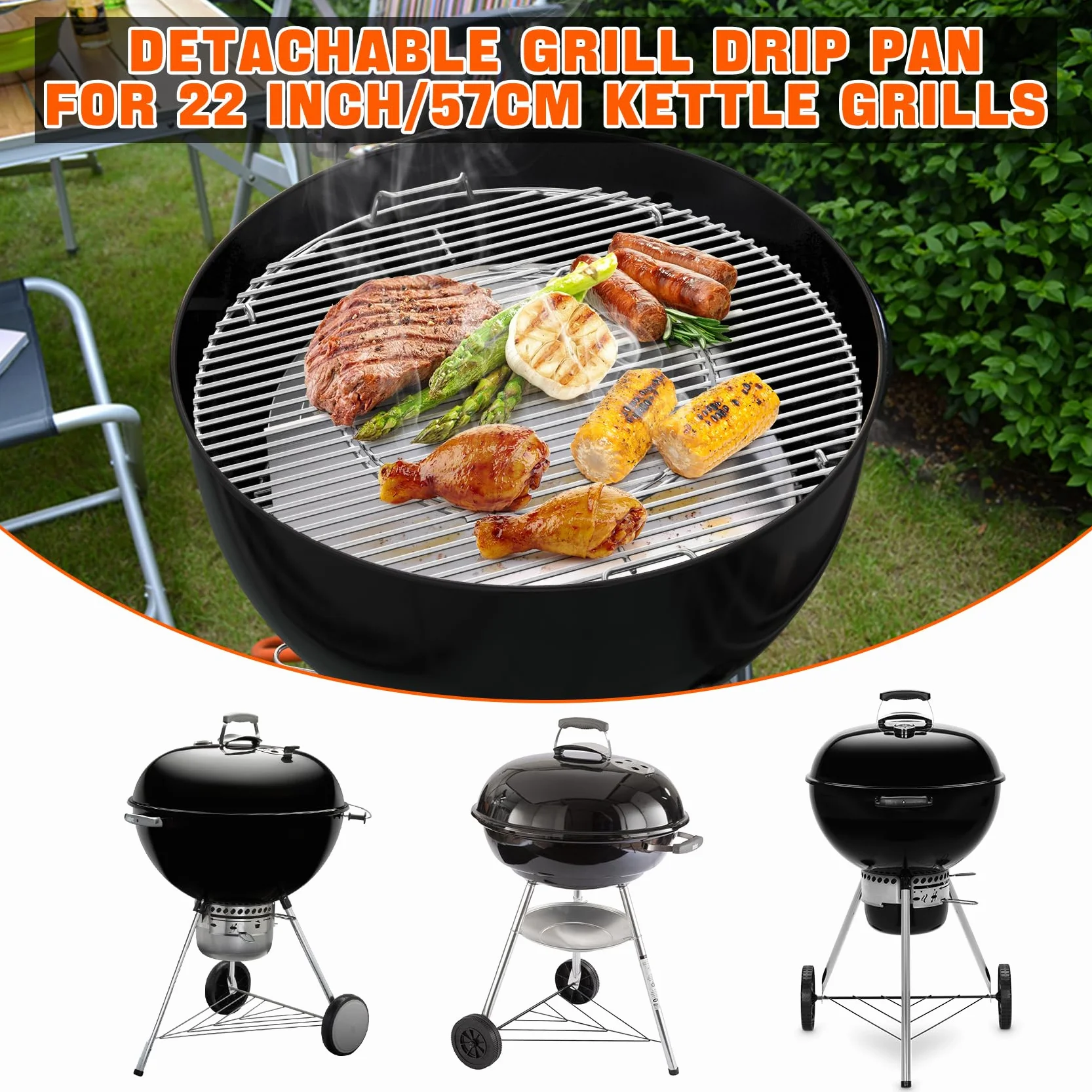 Onlyfire Półokrągłe tacki ociekowe z wyjmowaną przegrodą na węgiel drzewny, tacki ociekowe do grilli kociołkowych Weber 57 cm, tacki do grilla ze stali nierdzewnej, tacka ociekowa na tłuszcz