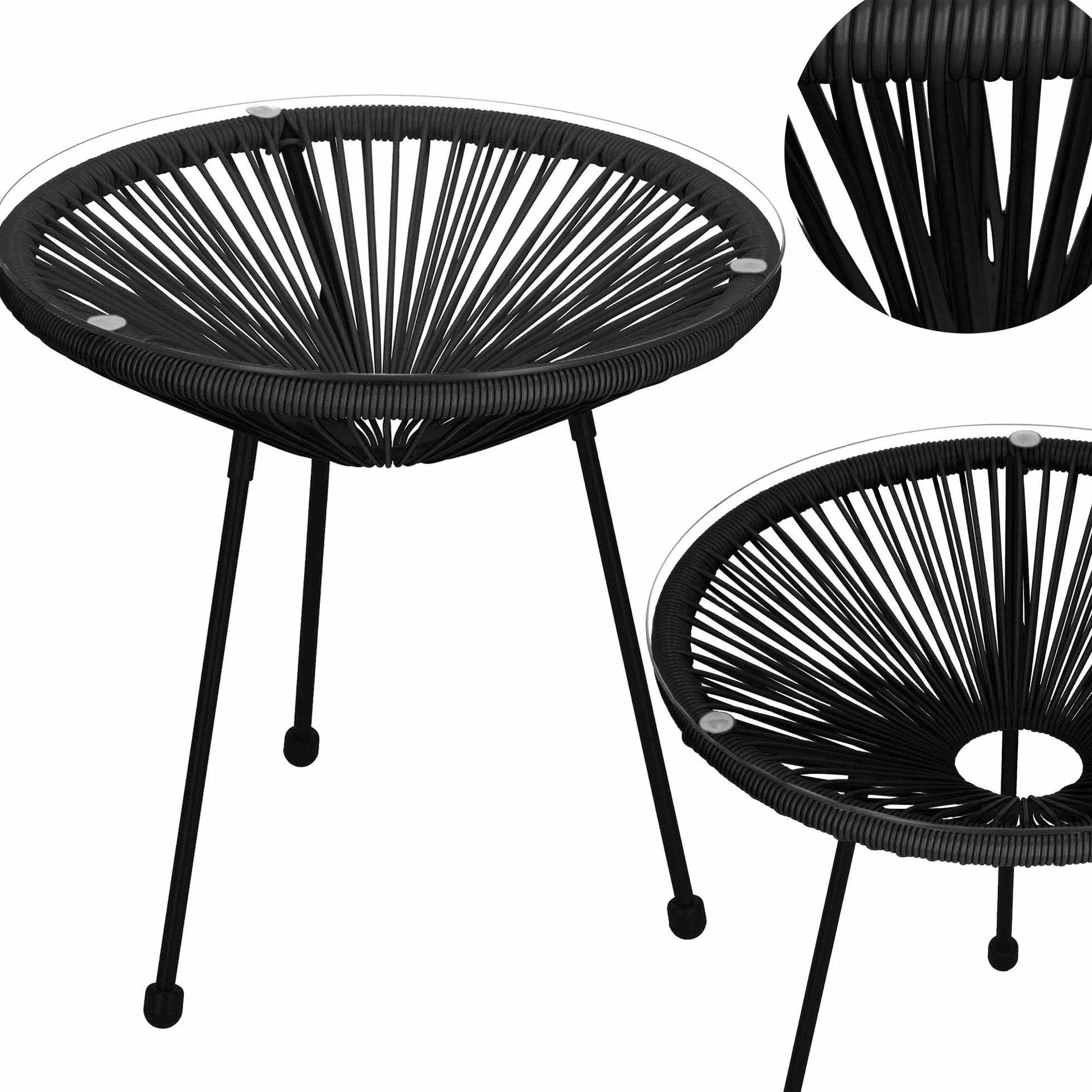 SPRINGOS Acapulco zestaw mebli ogrodowych 2 krzesła stolik kawowy 50 cm okrągły czarny polirattan metal hartowane