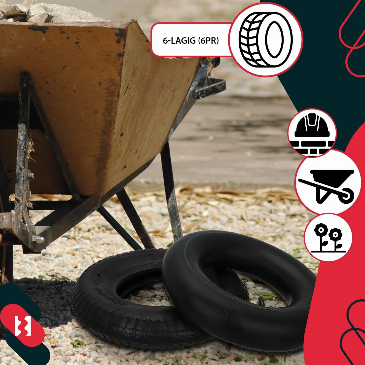 KOTARBAU® Opona z Dętką do Koła Taczki - Wózków - ⌀ 40 cm - Opona 6PR – Dętka Zamienna do Taczek – ⌀ 35 cm