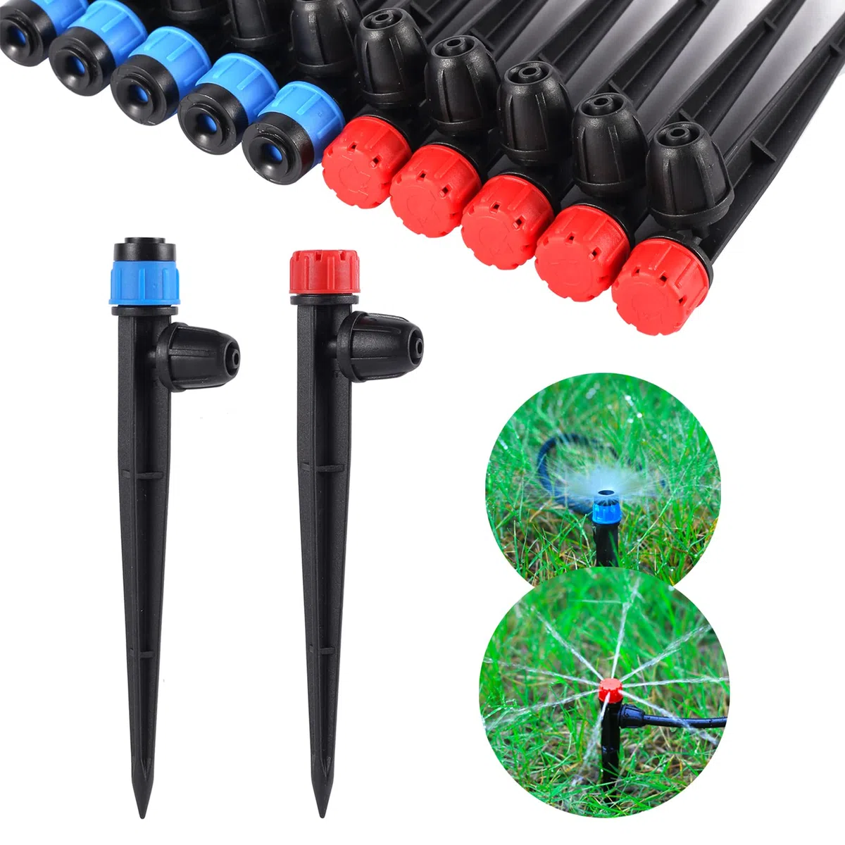 Emiter do nawadniania kropelkowego z regulowanym przepływem wody 360 stopni do węży 1/4", 25 szt. rozpylaczy do kropli, 25 szt. emiter kropli (50 szt. kolorowych x 25 rozpylaczy x 25 kropli)