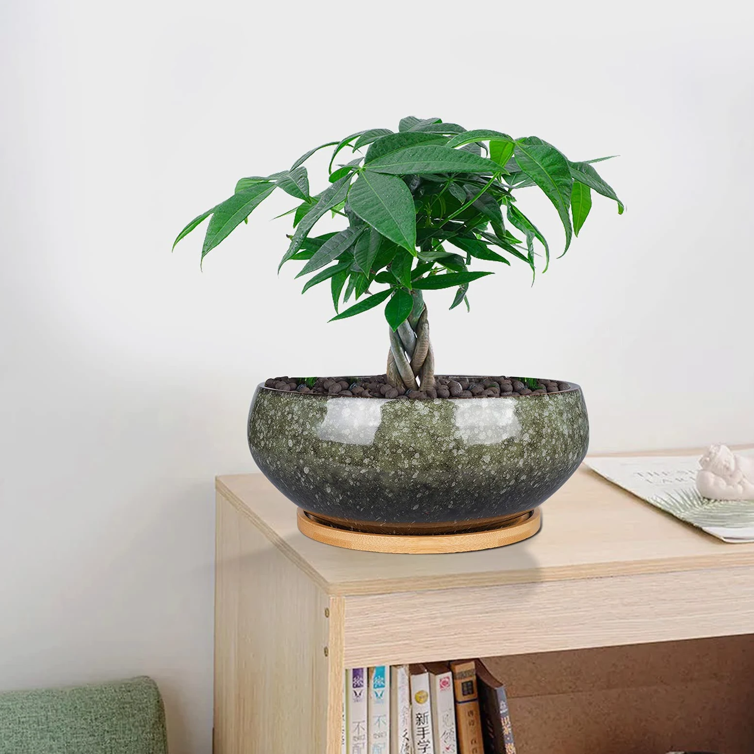 Ceramiczna doniczka bonsai, glazurowana płytka doniczka na sukulenty z otworem drenażowym i bambusowym spodkiem do roślin domowych, zielona