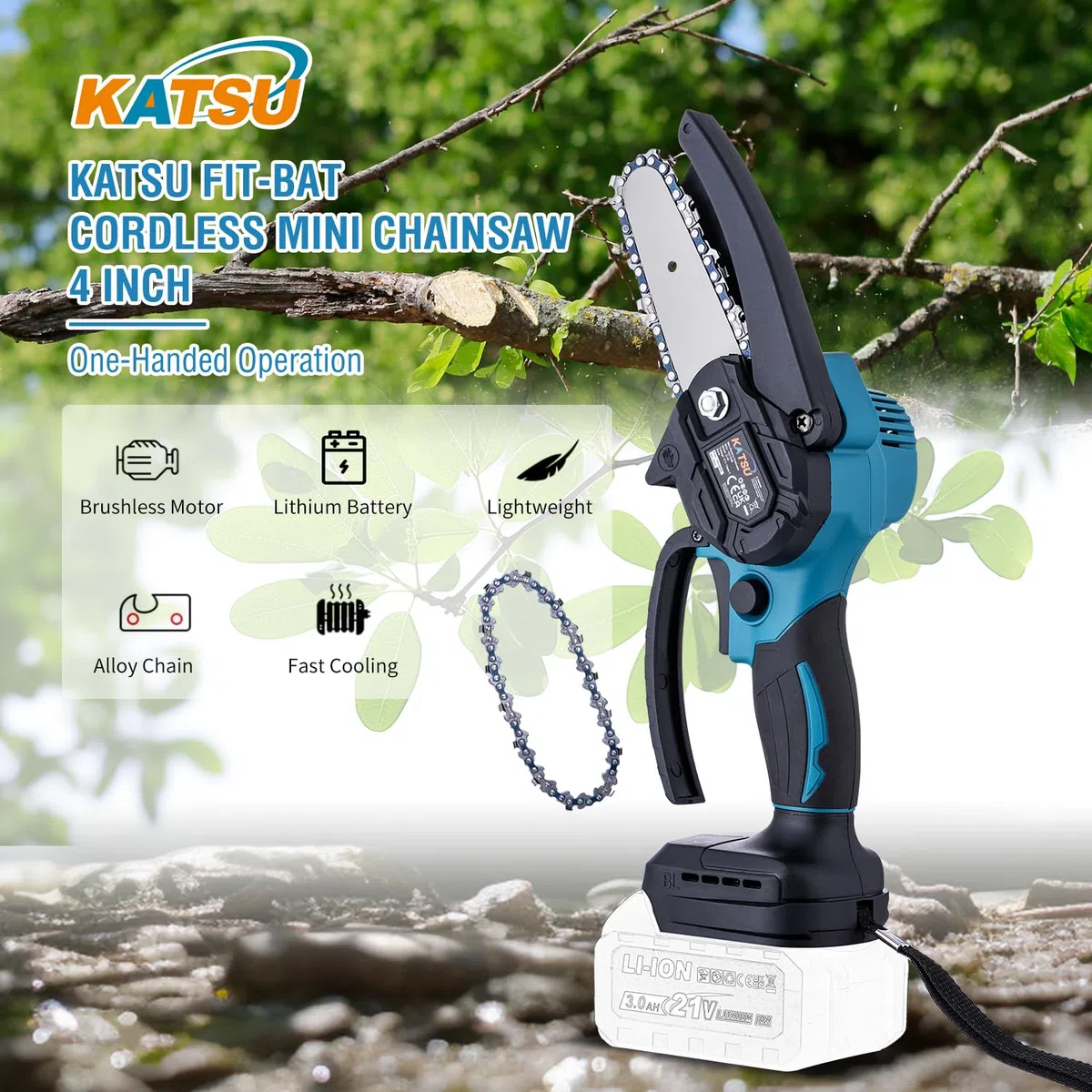 KATSU FIT-BAT mini pilarka akumulatorowa bezszczotkowa 21 V, 10 cm, z dodatkowym łańcuchem i ręczną pompką oleju, do cięcia gałęzi drzew i drewna, akumulator nie wchodzi w zakres dostawy