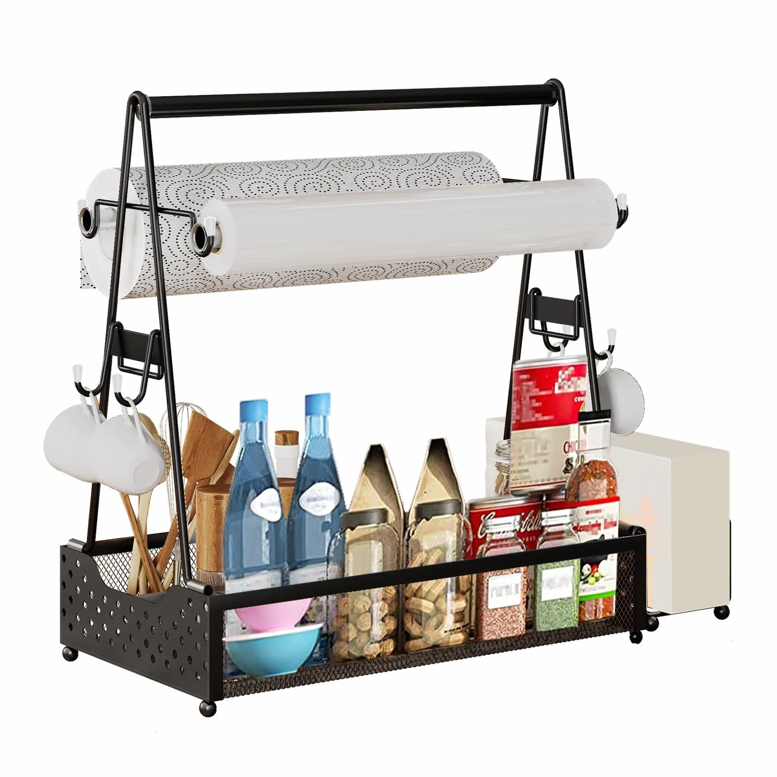 Grill Caddy, pojemnik na przybory do grilla, z uchwytem na ręczniki papierowe i 4 haczykami, metalowy, akcesoria kempingowe, organizer do kuchni, na zewnątrz, akcesoria do grillowania