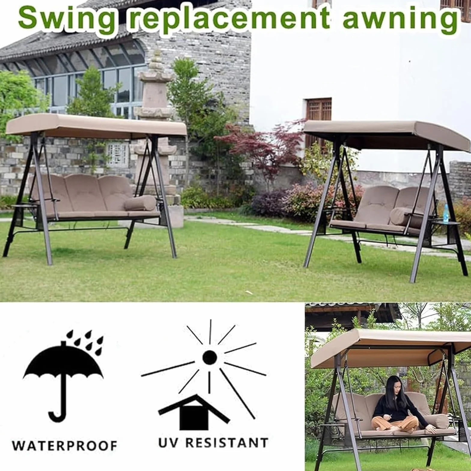 Swing Canopy Replacement Cover 3 Seater - Waterproof Top Cover For Patio Garden Porch Swings - Patio Canopy Replacement(Beige)