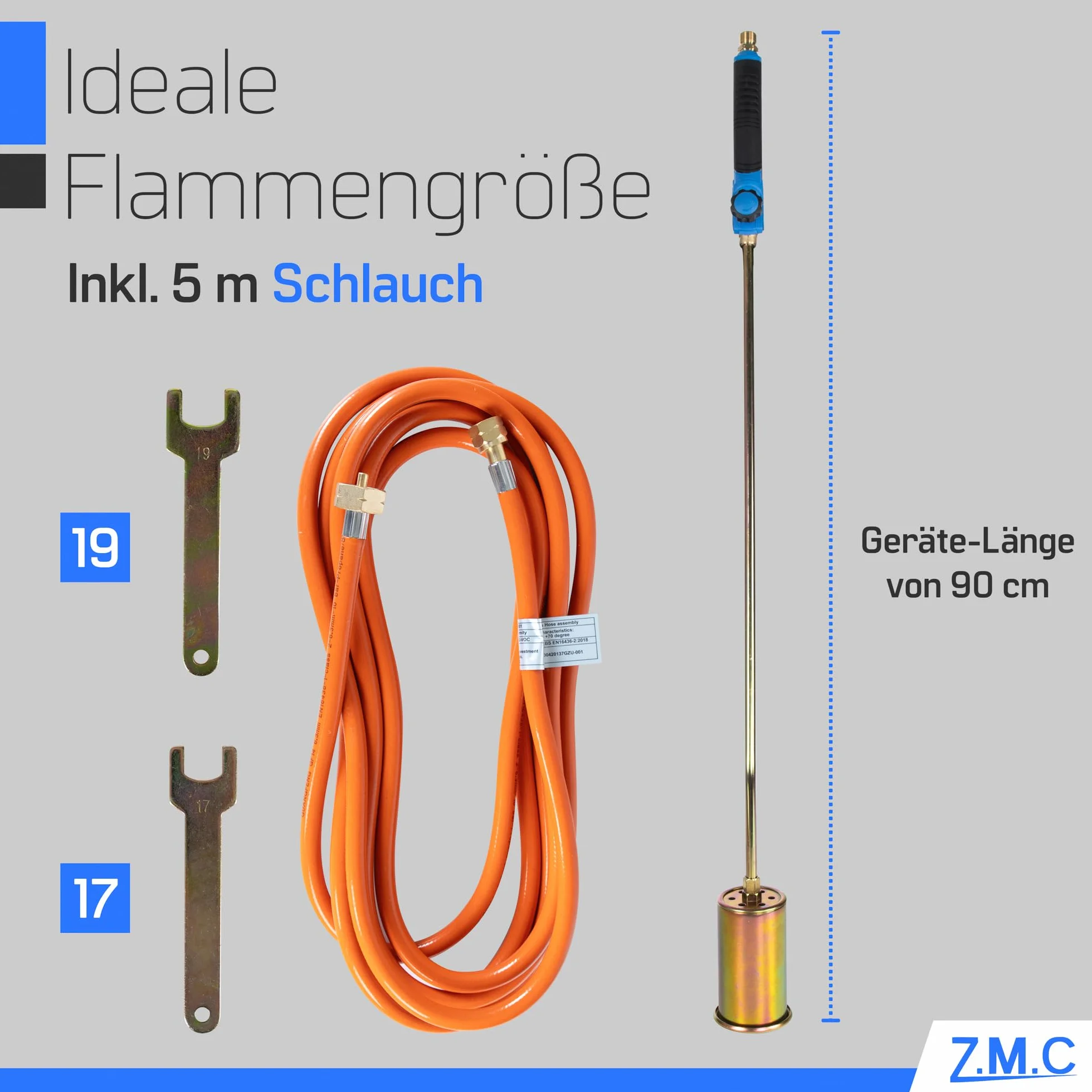 Z.M.C Palnik do chwastów 1850°C, Ø 60 mm, palnik o wysokiej wydajności, 69 kW, długość rury 90 cm, wąż 5 m, ergonomiczny uchwyt, środek chwastobójczy do ogrodu, dachu, drewna i warsztatu