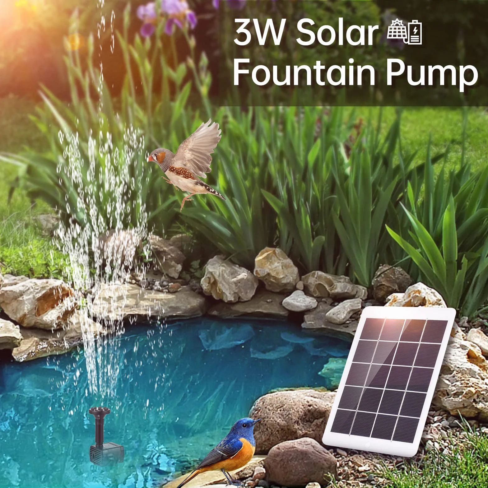 Decdeal Solarna pompa wodna, solarna pompa do kąpieli ptaków z panelem słonecznym 3W 5V 7 dysz Max. Wysokość wody 50 cm do dekoracji ogrodu małego stawu akwariowego
