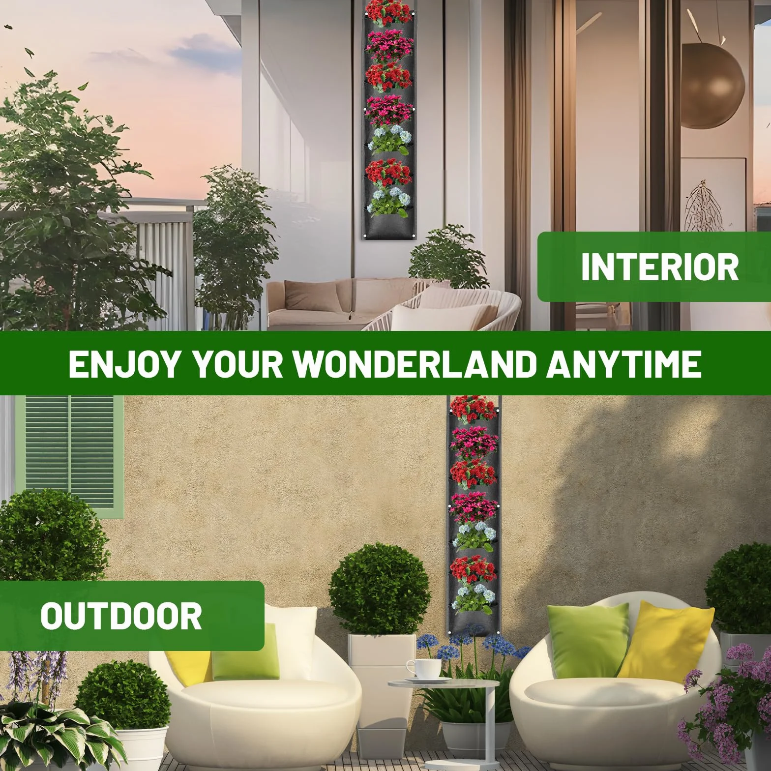 ACTOYS Wiszące torby na rośliny, 2 szt., 7 kieszeni na rośliny, do użytku na zewnątrz, wiszące, pionowe, 99 x 28 cm, na balkon, na zewnątrz, do ogrodu, na podwórko, do biura, dekoracja domu