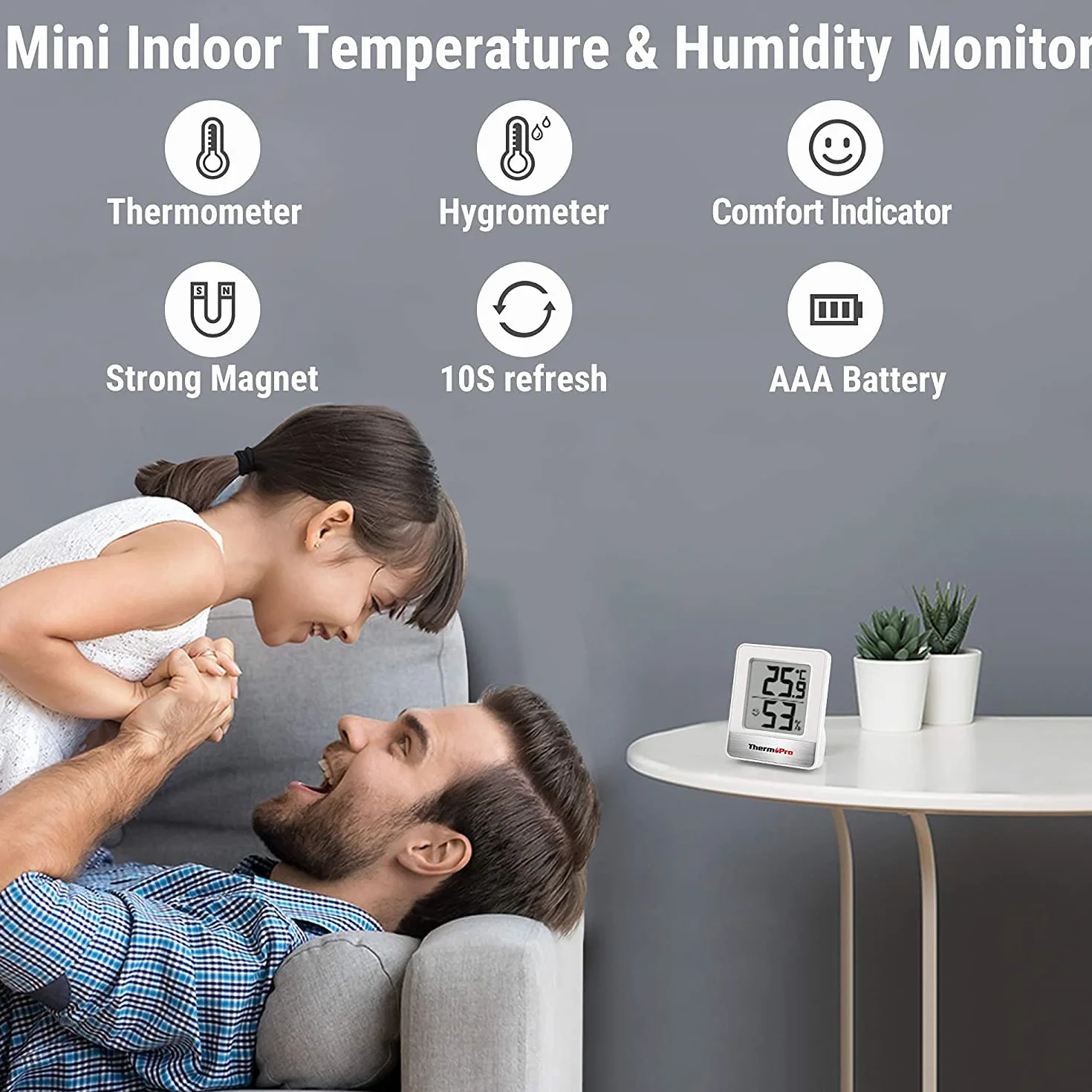 ThermoPro TP49 cyfrowy mini termometr z funkcją higrometru, pomiar temperatury i wilgotności powietrza w pomieszczeniu ze wskaźnikiem smiley do kontroli klimatu w pomieszczeniu, biały
