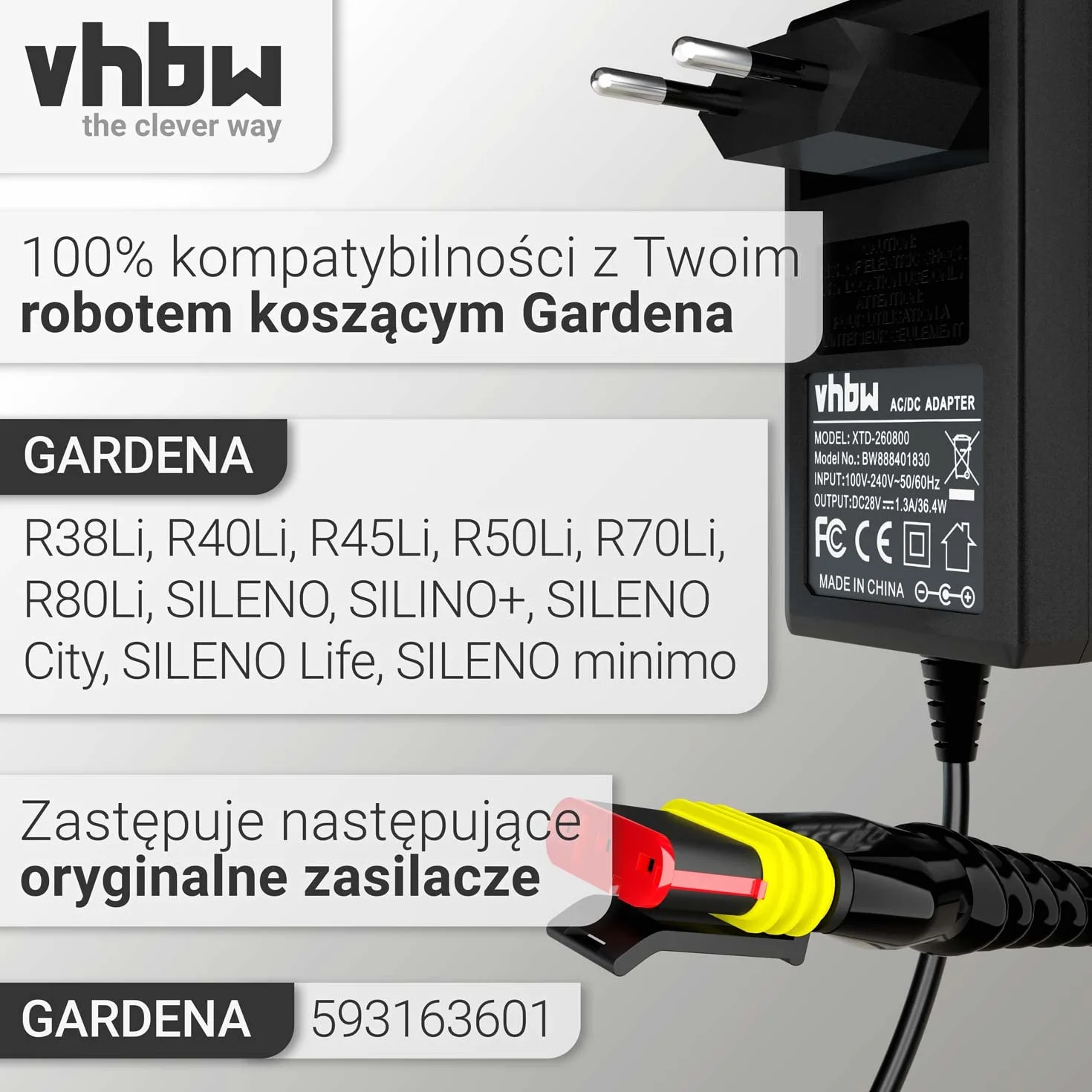 vhbw Zasilacz sieciowy kompatybilny z Gardena R50Li, R80Li, R40Li, R45Li, R70Li, Sileno City, Sileno Life robot kosiarka