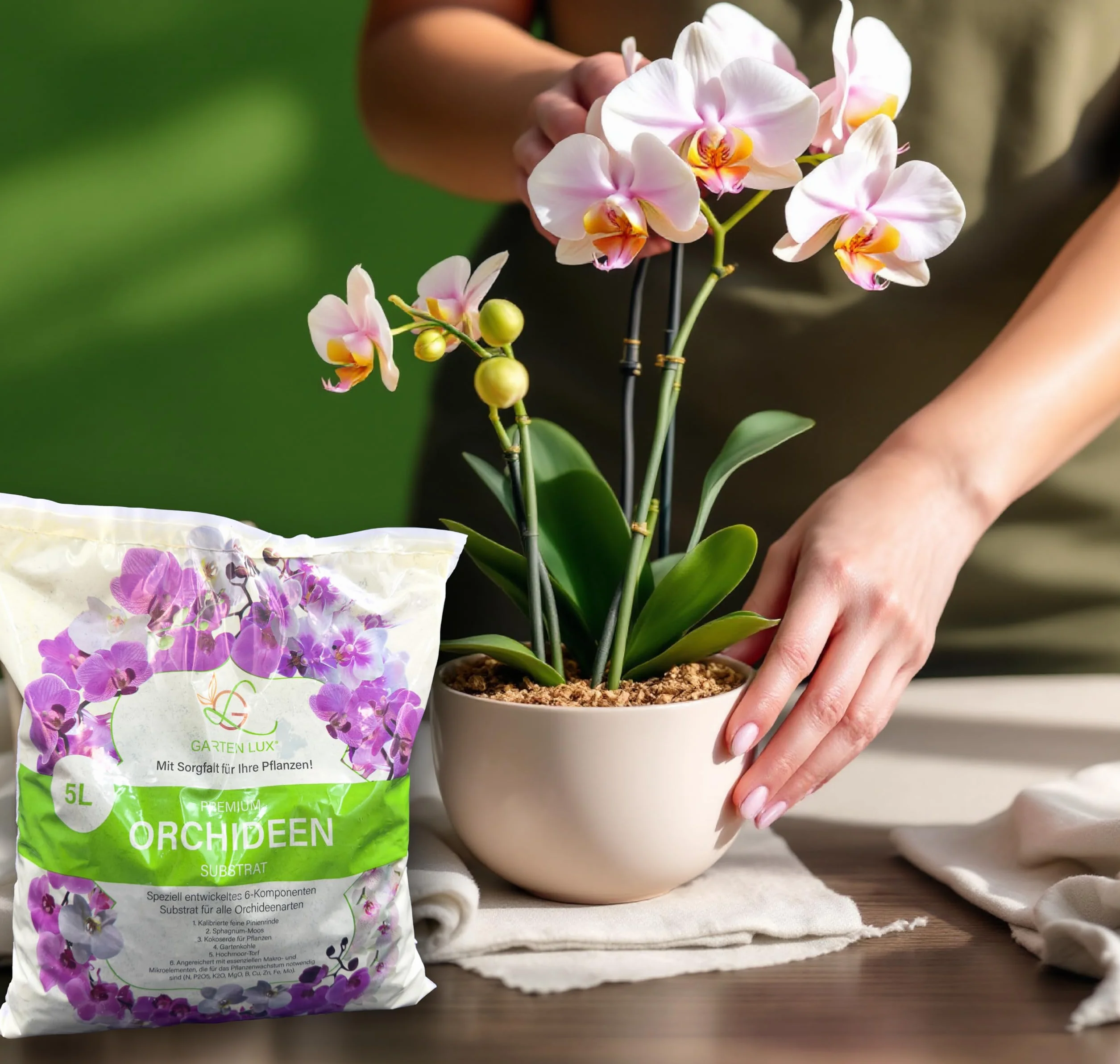 Garten Lux Premium ziemia do storczyków, 5 l, 6 komponentów, podłoże dla zdrowego wzrostu i optymalnej pielęgnacji roślin storczyków, idealne podłoże dla wszystkich rodzajów storczyków
