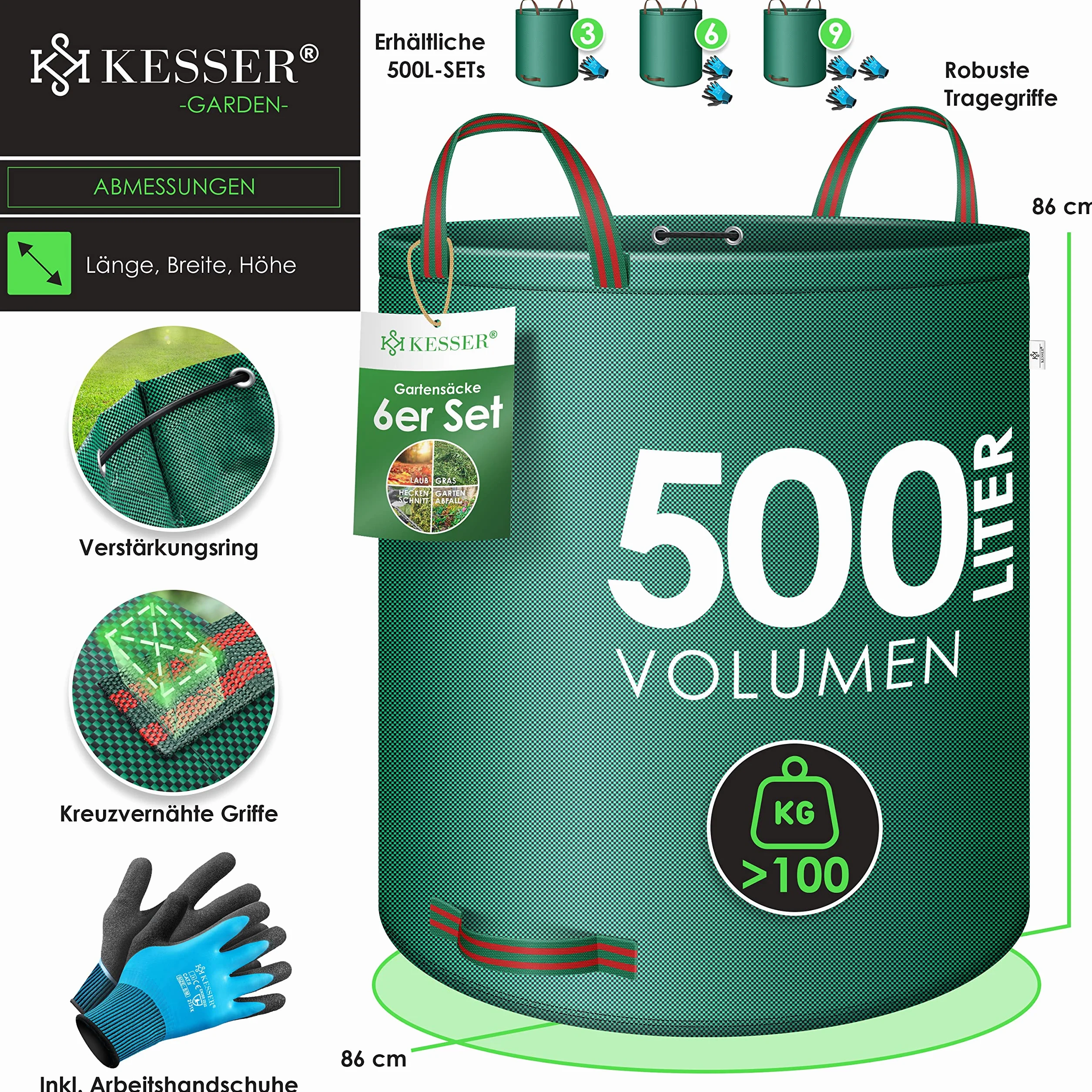 KESSER® Worek ogrodowy, 6 x 500 l, worek na odpady ogrodowe, worek na odpady ogrodowe, w zestawie z rękawicami – wolnostojący, 4 uchwyty, stabilny, wytrzymały i składany – worki na liście do cięcia