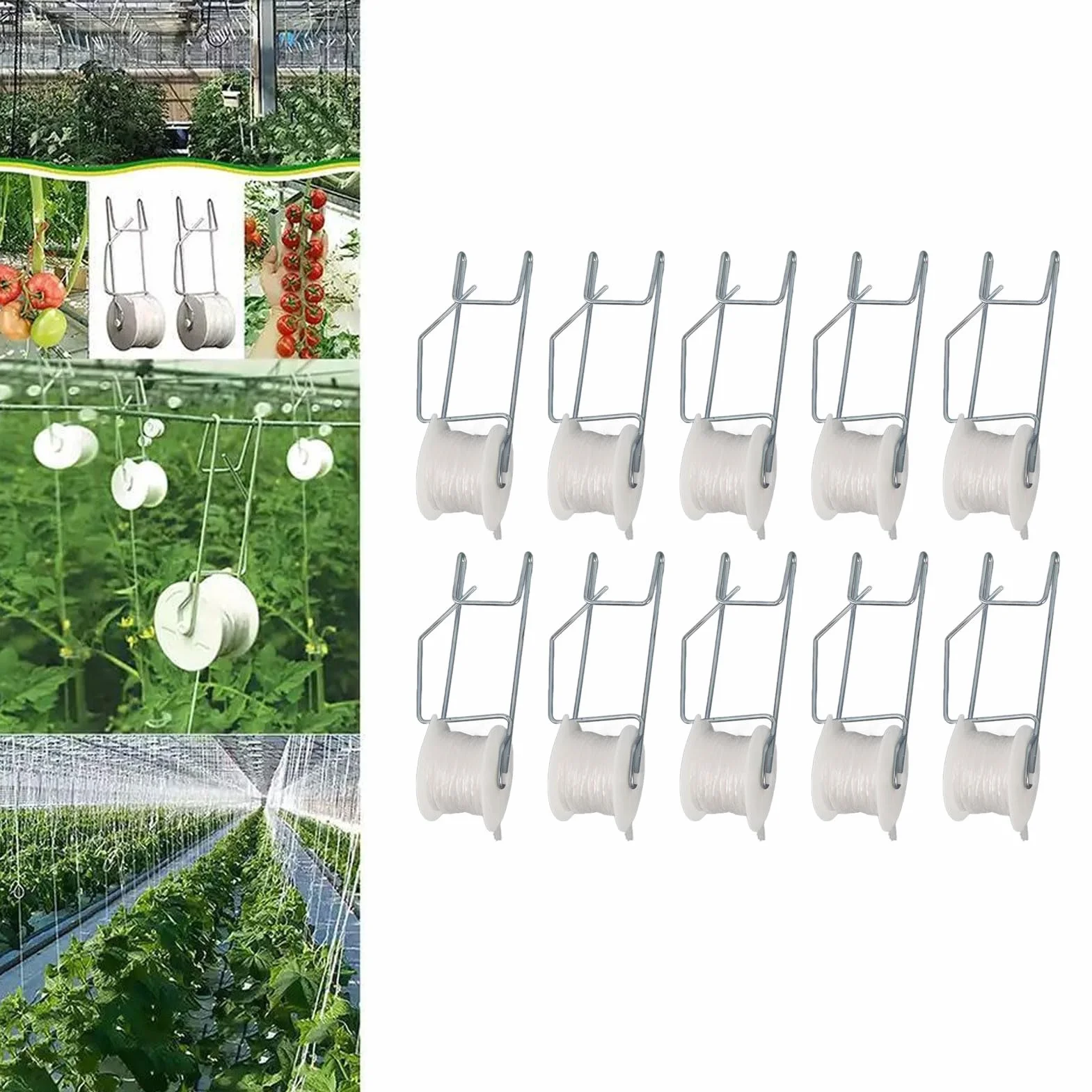 Haczyki na Rolki do Pomidorów 15 M Stal Ocynkowana Sznurek PP dla Winorośli Ogórków Pomidorów z Luffy dla Szklarni Domowych, Małych Ogrodów, Upraw Biodynamicznych