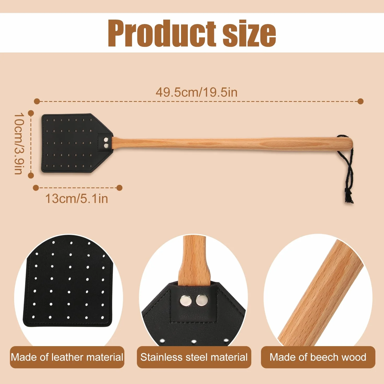 2szt Skórzana Packa na Muchy, Dlugosc 49,5cm Wytrzymala Packa na Muchy Reczna z Drewniana Raczka Lapacz Much do Uzytku Wewnatrz i na Zewnatrz(Czarny, brazowy)