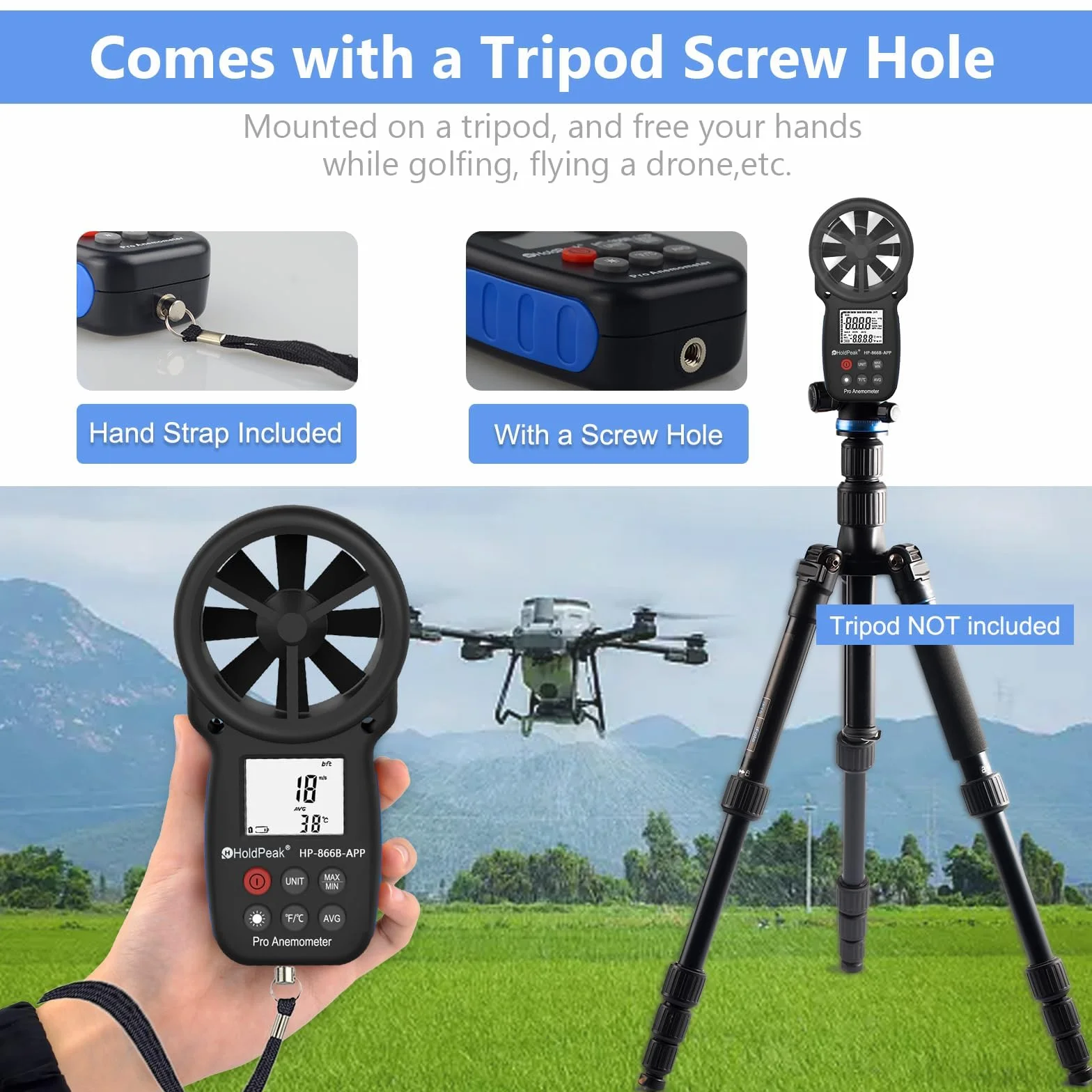 HoldPeak Cyfrowy anemometr HP-866B-APP Prędkość wiatru Bluetooth