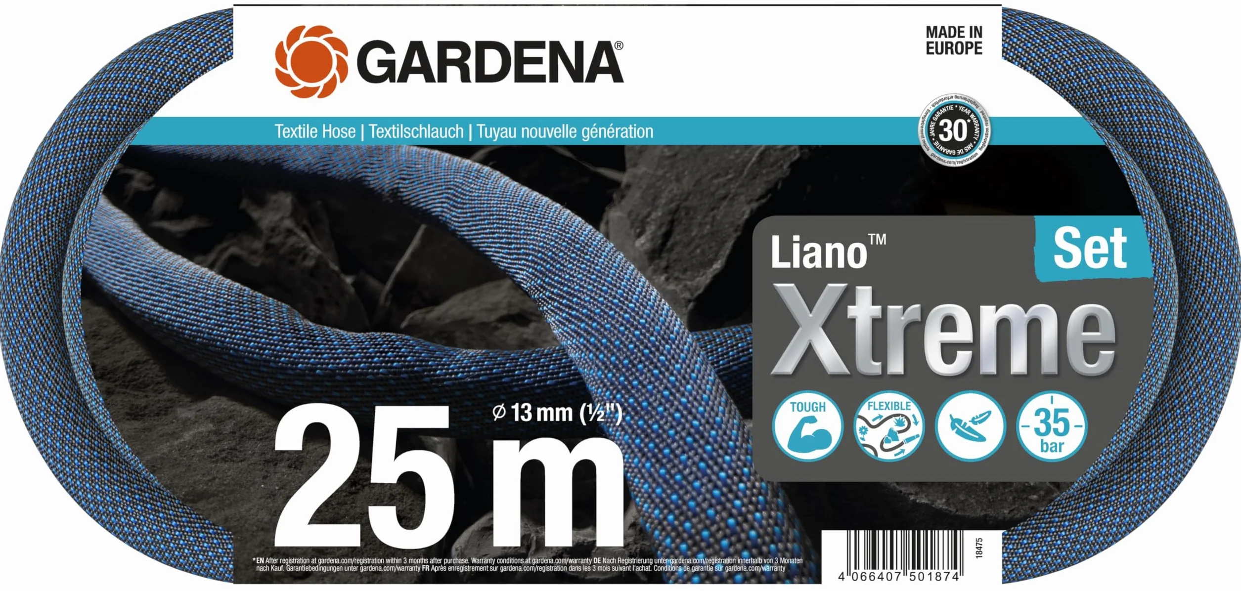 Gardena Liano Xtreme, 1/2 cala, zestaw 25 m: Wytrzymały wąż ogrodowy z materiału, do wew. kurków do wody, z wężem wewnętrznym PVC, niewielki ciężar, odporność na czynniki atmosferyczne (18475-20)