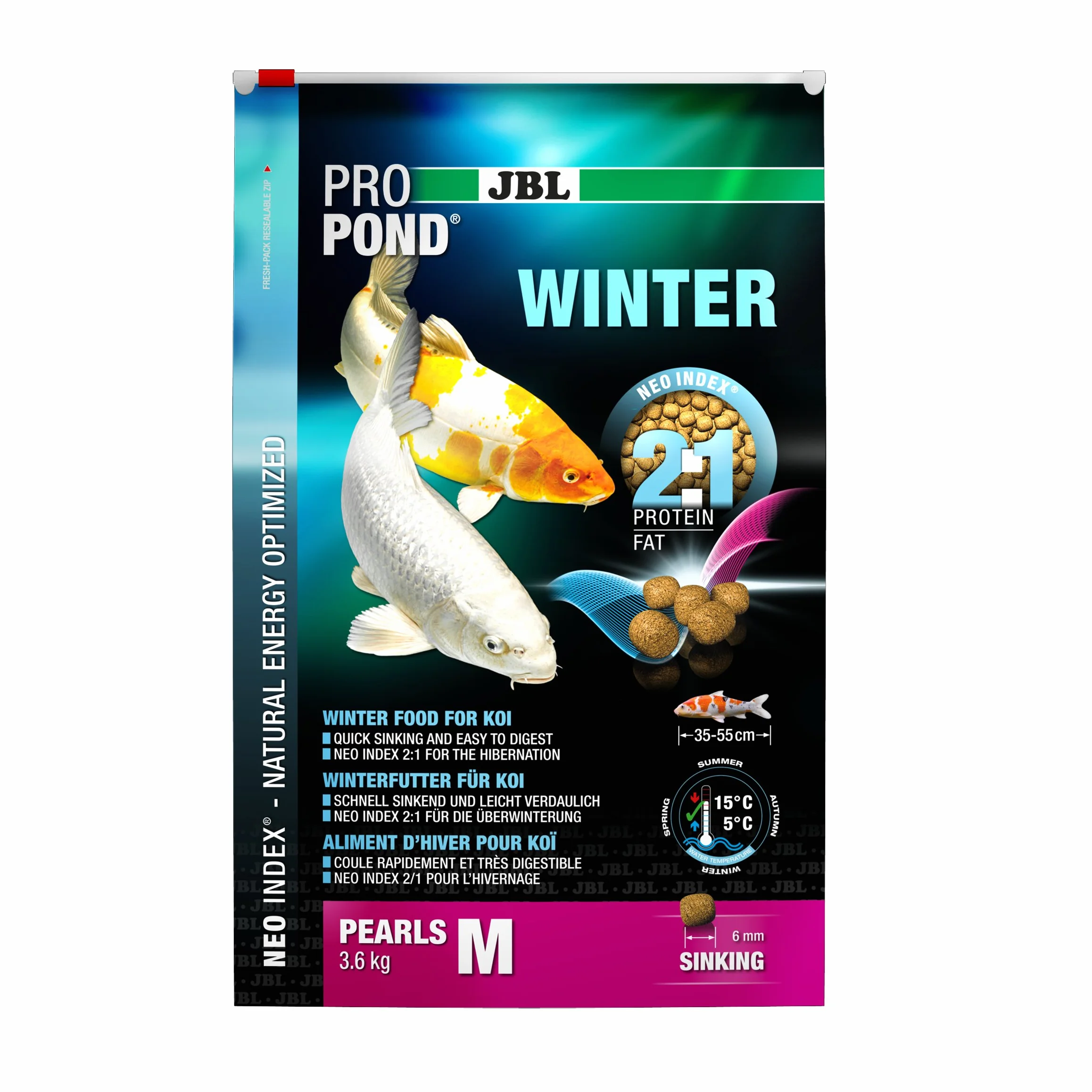 JBL Zimowa żywność dla Koi, zatapialne granulki spożywcze, sezonowa żywność, ProPond Winter, Rozmiar: M, 3,6 kg