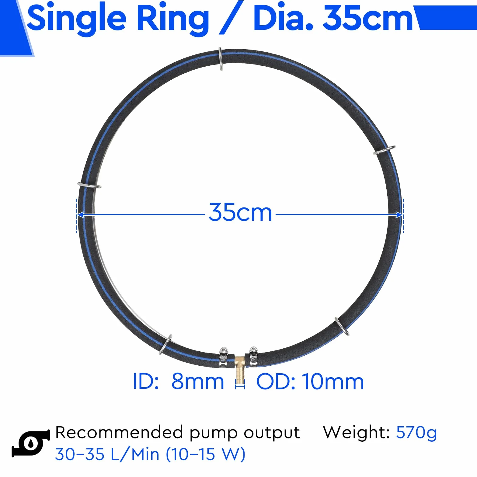efuturetime Pierścień napowietrzający do stawu 35 cm, stal nierdzewna 304, rura 8 mm, wąż 5 m