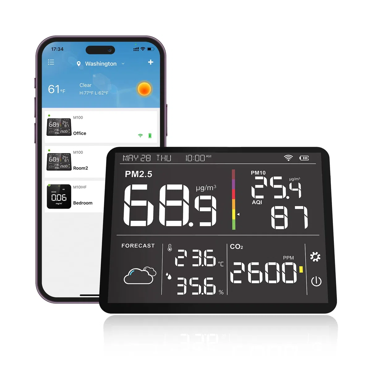 Temtop M100-UP Stacja pomiarowa jakości powietrza, 2.4G WLAN Bluetooth termometr z aplikacją, 8-w-1 urządzenie do pomiaru jakości powietrza (PM2.5/CO2/Temperatura/Wilgotność)
