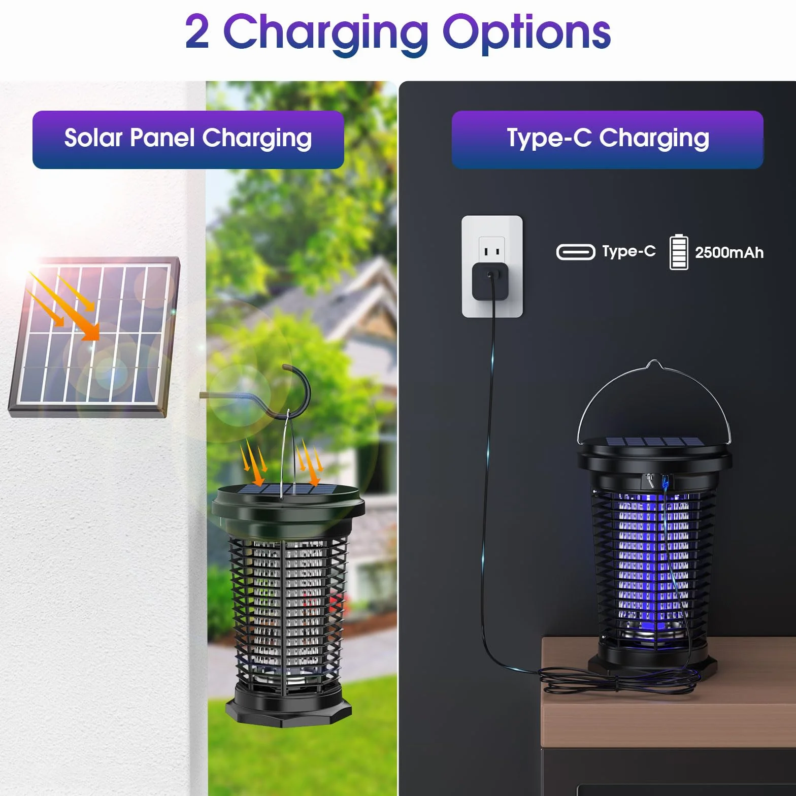 PALONE Przenośna lampa na komary solarna 4500V, USB-C + 5.5W panel - Wodoodporna do ogrodu/campingu (2600mAh, IPX4)