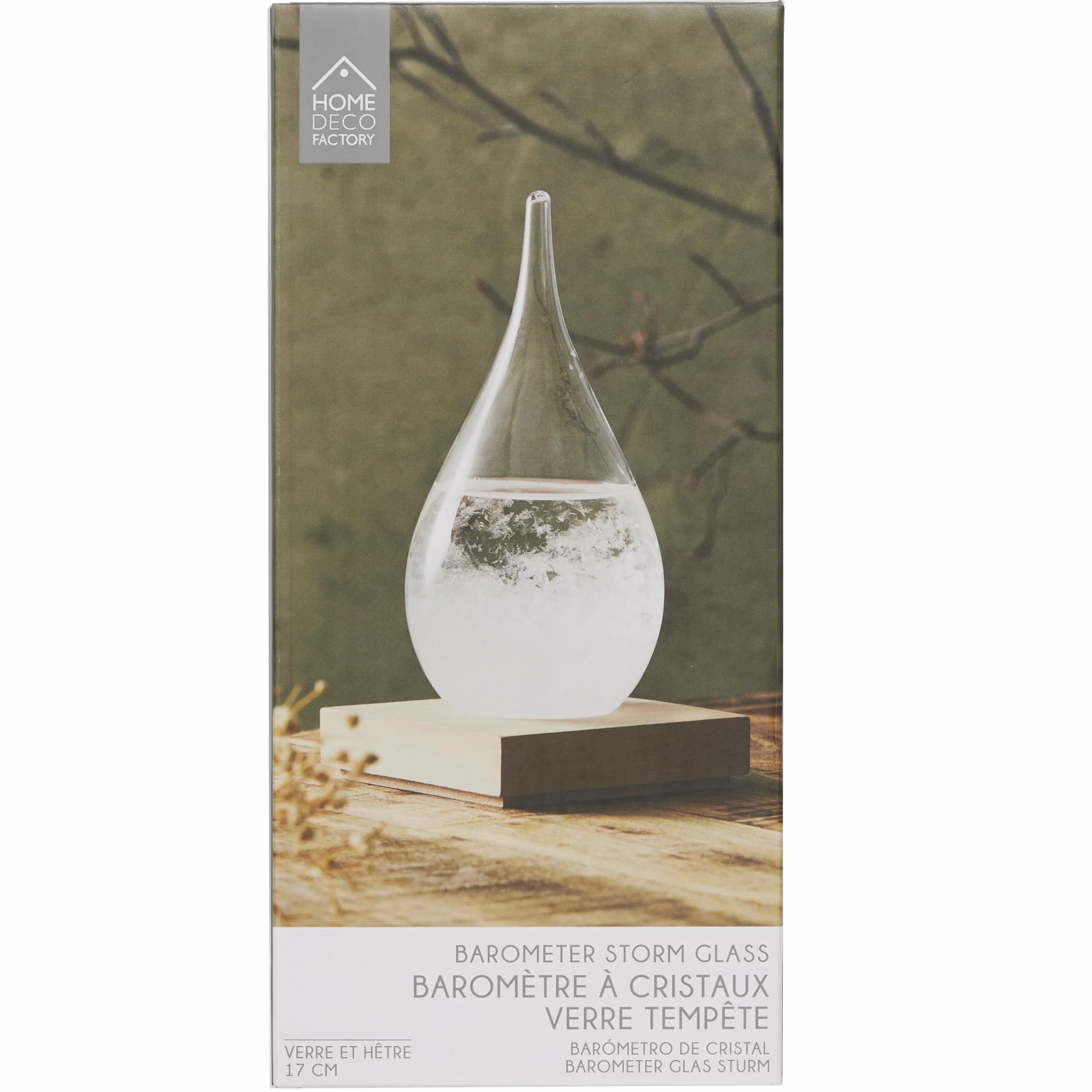 HOME DECO FACTORY, HD0384, Tempest Glass H17 cm - Elegancki i funkcjonalny przedmiot dekoracyjny, oryginalny barometr z kryształkami, drewniana podstawa
