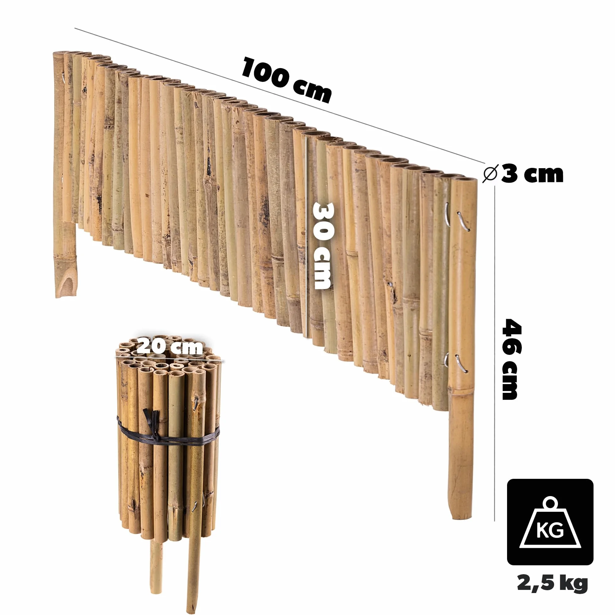 KADAX Krawędź trawnika z bambusa, 100 x 30 cm, elastyczne obramowanie rabatki z bambusowych drążków, ogrodzenie bambusowe do ogrodu, dekoracyjne ogrodzenie ogrodowe