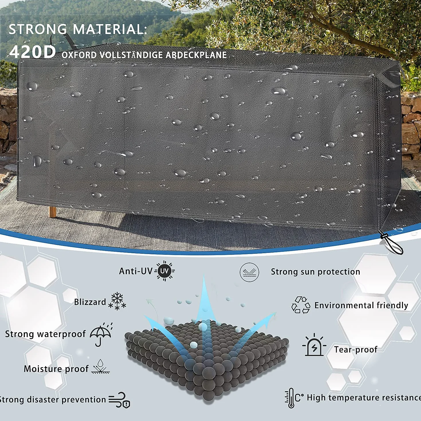 Pokrowiec na meble ogrodowe, Oxford 420D, pełna plandeka ochronna, nadaje się na leżak balkonowy, leżak rattanowy, odporny na warunki atmosferyczne i promieniowanie UV (220 x 80 x 80 cm)