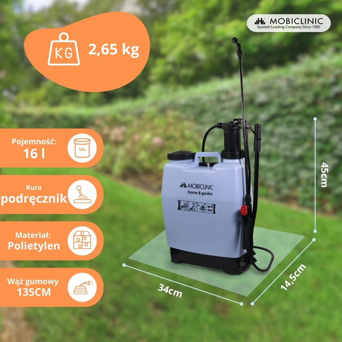 Mobiclinic®, Plecak opryskiwacz, 16 L, Ogrodnictwo, Ciśnienie Pompy, 4 Regulowane Dysze, Lekki 2 kg, Opryskiwacz, Nawadnianie, Zwalczanie Szkodników, Pielęgnacja Roślin, Fumibug