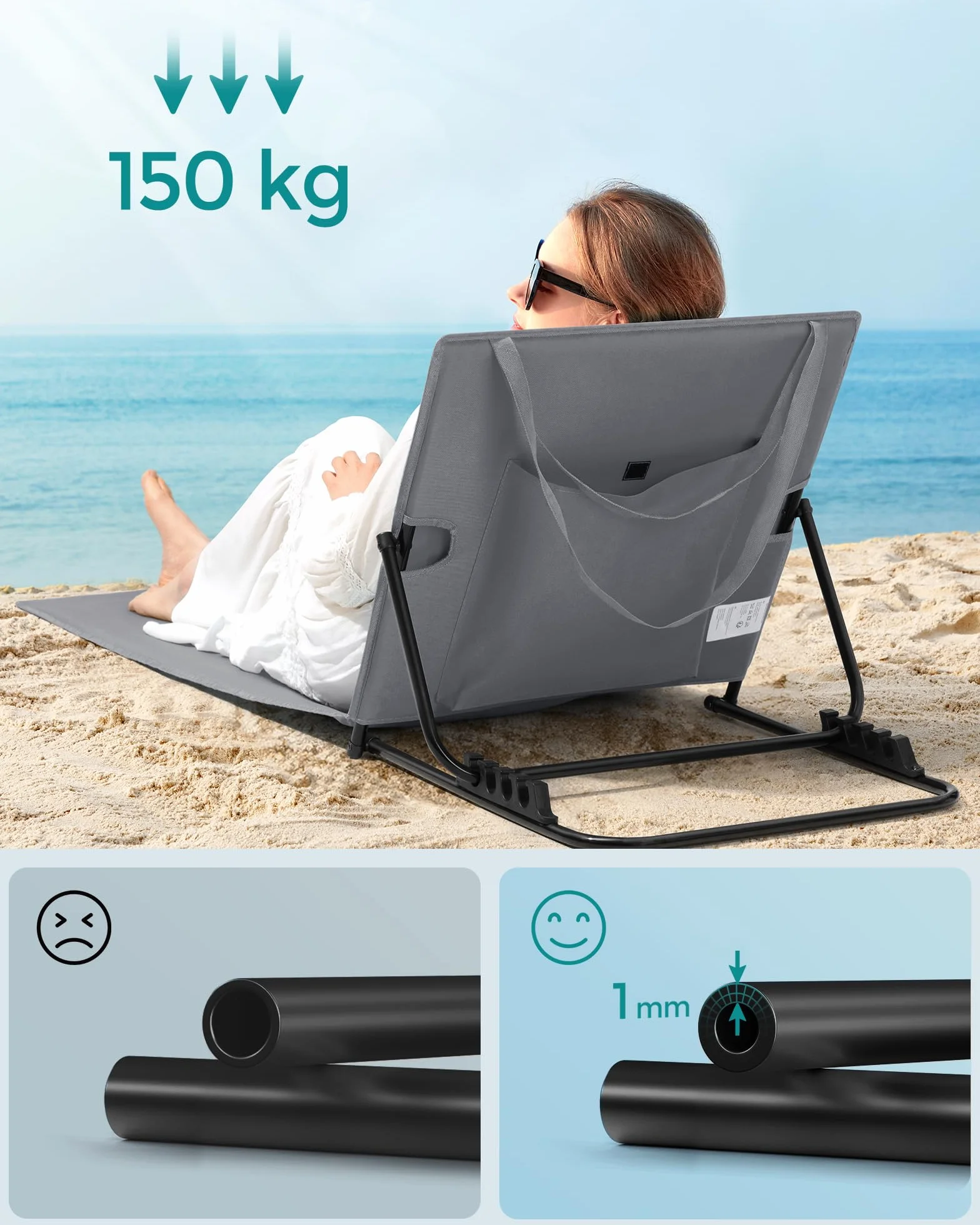 SONGMICS Krzesło plażowe Krzesło kempingowe Leżak plażowy Składane regulowane oparcie Lekki przenośny z uchwytem do basenu kempingowego ogrodowego 158 x 55 cm Łupkowoszary GCB151G01