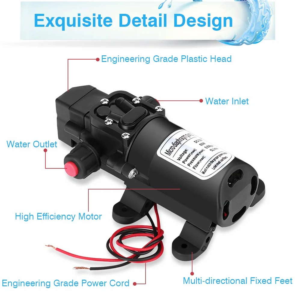 Greensen Wasserpumpe 12V Hochdruckpumpe Membranpumpe, 60W 5L/Min Pumpe Selbstansaugend Membran Wohnmobil Wasserpumpe Hochdruck Pumpe Druckwasserpumpe