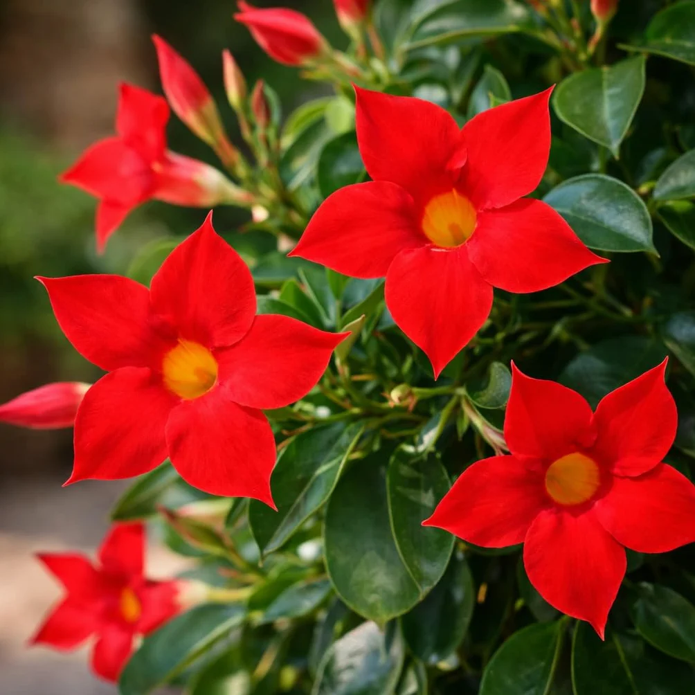Exotenherz Mandevilla Dipladenia - kwiat lejka - kształt piramidy - doniczka 14 cm - ok. 45-50 cm - czerwona