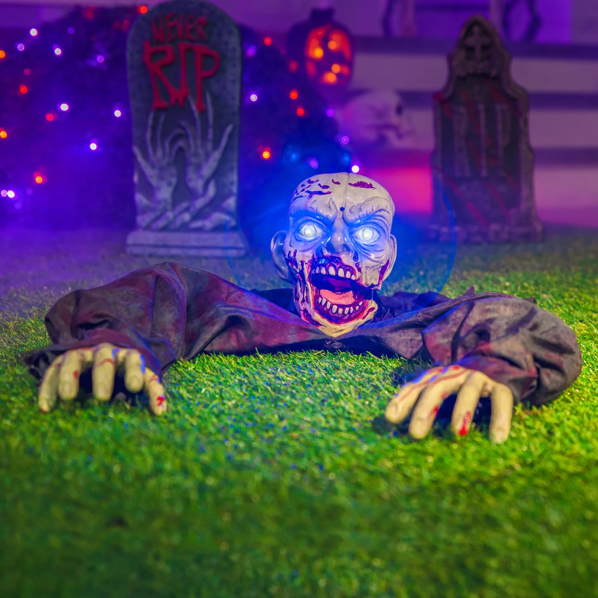 JOYIN Dekoracja zewnętrzna na Halloween, animowany przełom zombie, z przerażającym dźwiękiem i migającymi oczami, na Halloween, podwórko, trawnik, patio, nawiedzony dom, dekoracje zewnętrzne