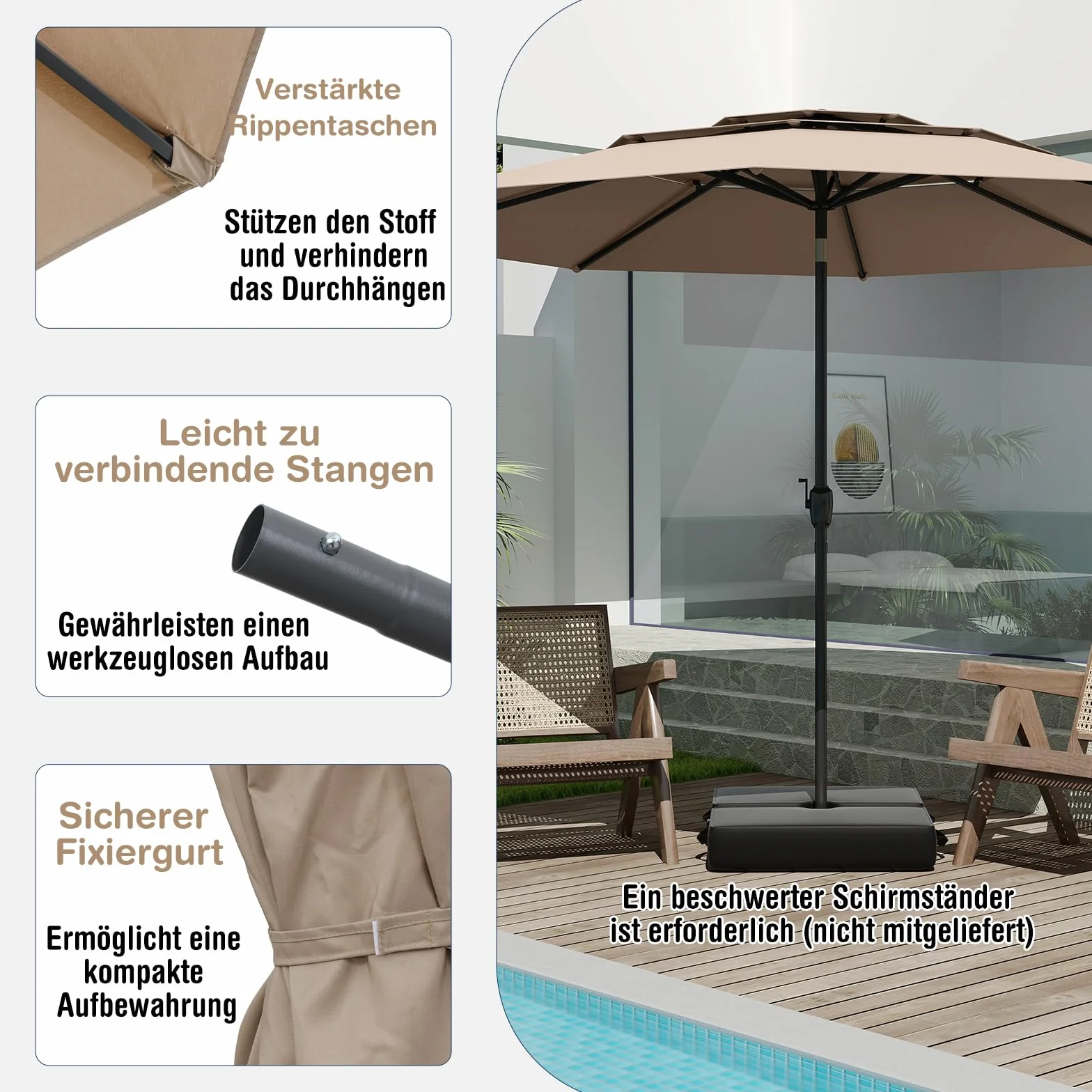 COSTWAY Parasol przeciwsłoneczny, odporny na wiatr, stabilny, 300 cm, parasol ogrodowy z korbą, obustronnie zginany o 45°, ochrona przed promieniowaniem UV, ochrona przed słońcem, na taras, do ogrodu,