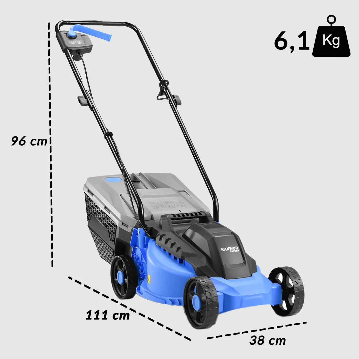 Elektryczna kosiarka do trawy Kanwod 1200 W, szerokość cięcia 34 cm, kosz 30 litrów, wysokość cięcia regulowana na 3 poziomach od 30 do 70 cm, 3400 obr/min