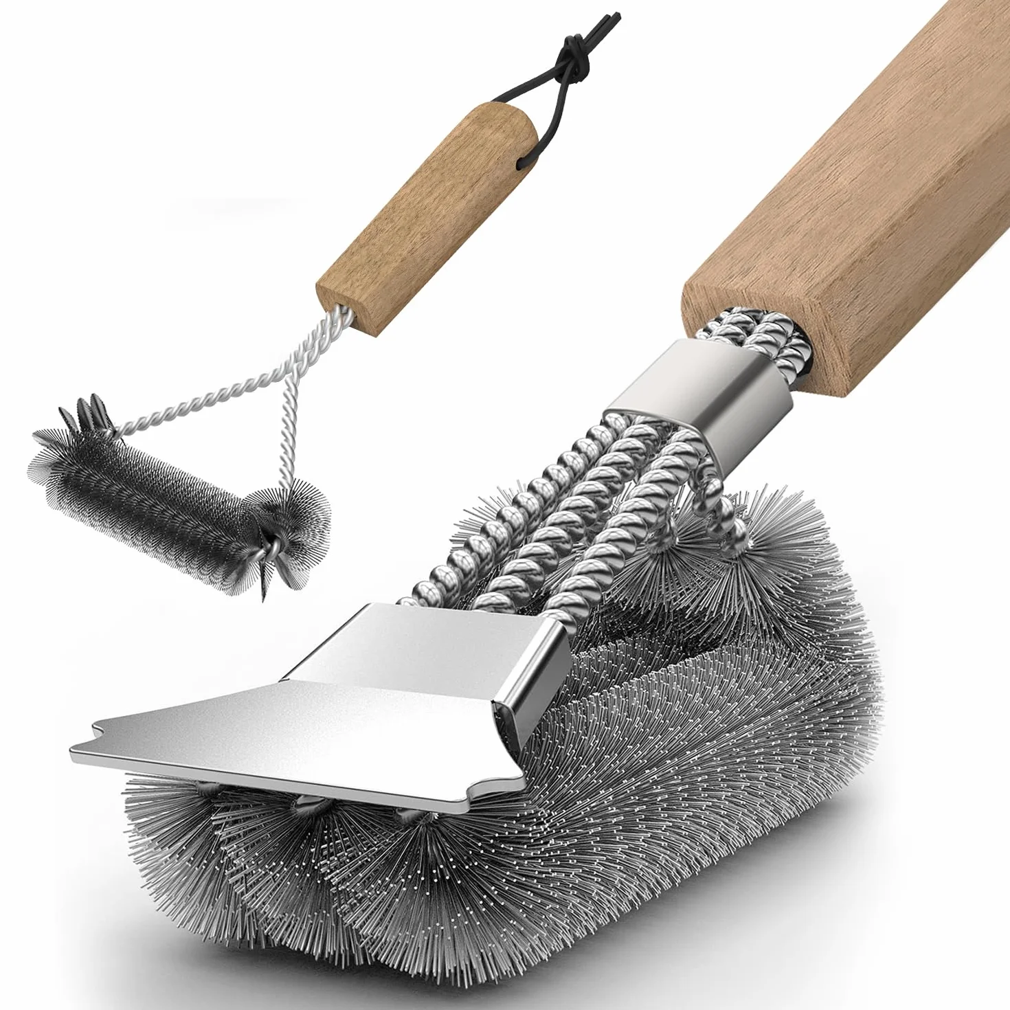 Szczotka do grilla ze stali nierdzewnej 42 cm z drewnianym uchwytem i skrobakiem