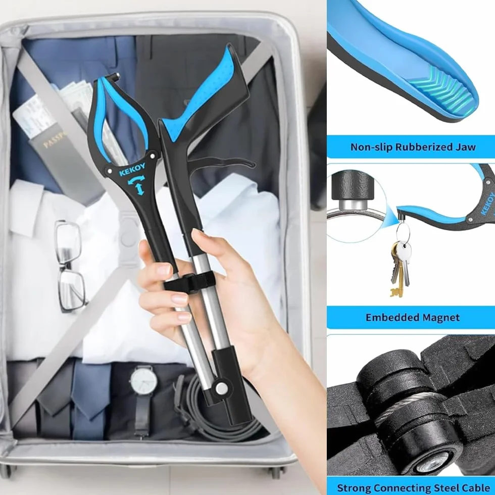 Chwytak do podnoszenia guf, szczypce chwytające dla seniorów, ergonomiczne składane, 83 cm, magnetyczne przyciąganie liści, chwytak do liści, obracany o 360° (niebieski)