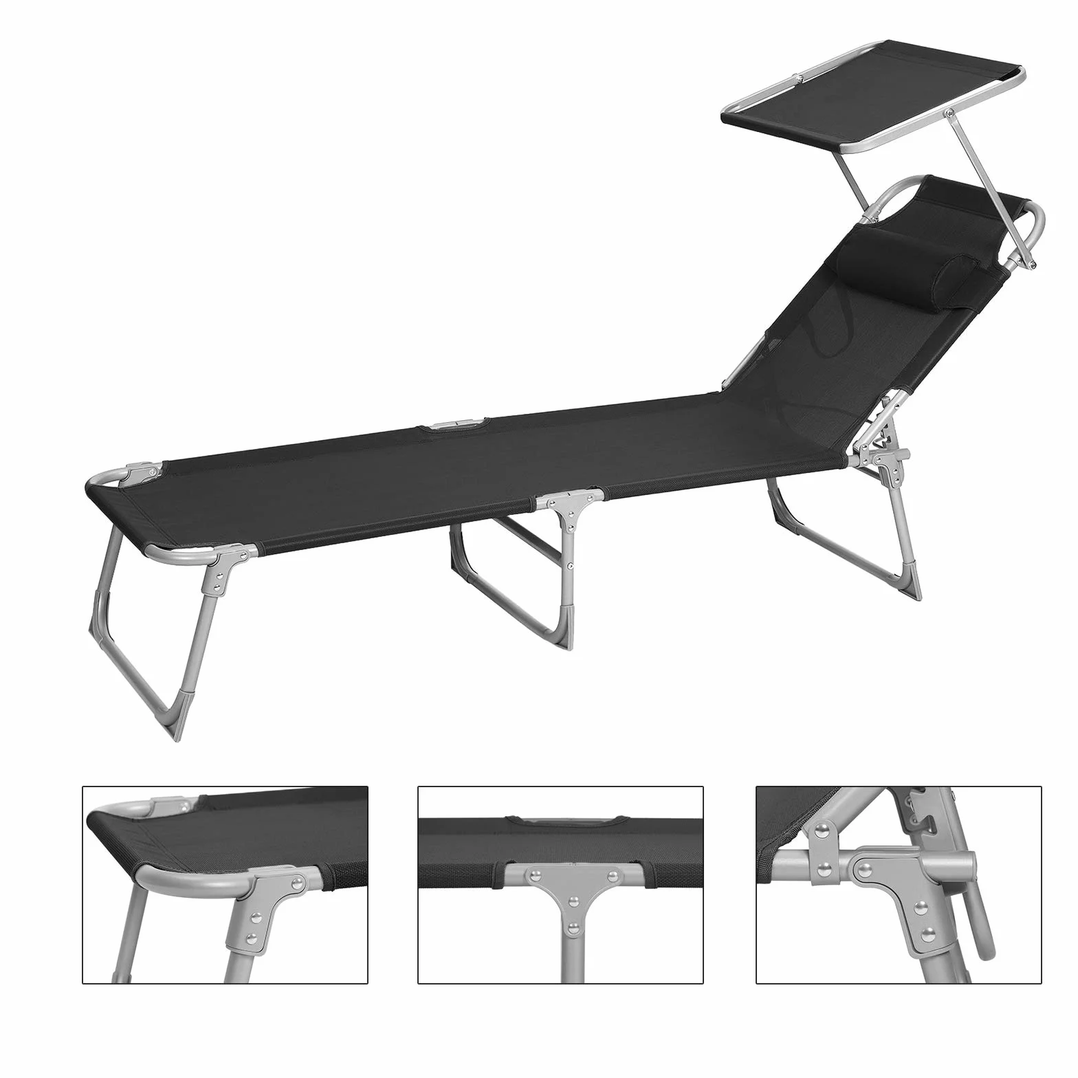 SONGMICS Leżak do opalania, leżak relaksacyjny z zagłówkiem, oparciem i parasolem, odchylany, lekki, składany, 53 x 193 x 29,5 cm, obciążenie 150 kg, do ogrodu, czarny GCB192B01