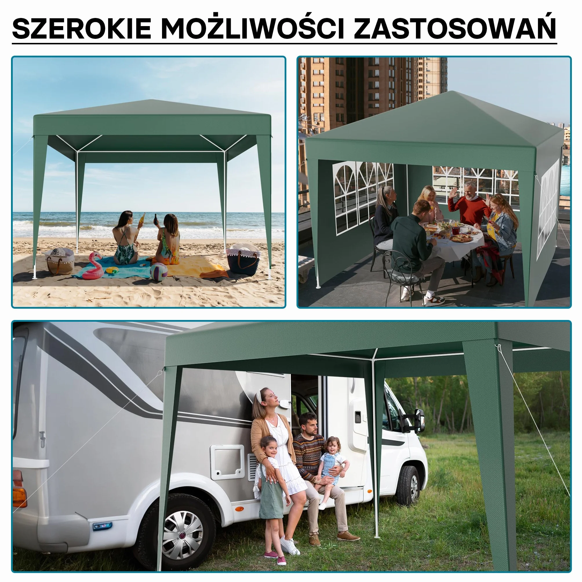 Wiltec Pawilon 3 x 3 m w kolorze zielonym z ochroną UV 50+, altana ogrodowa ze zdejmowanymi bokami, namiot imprezowy z oknami, np. na taras i festiwale