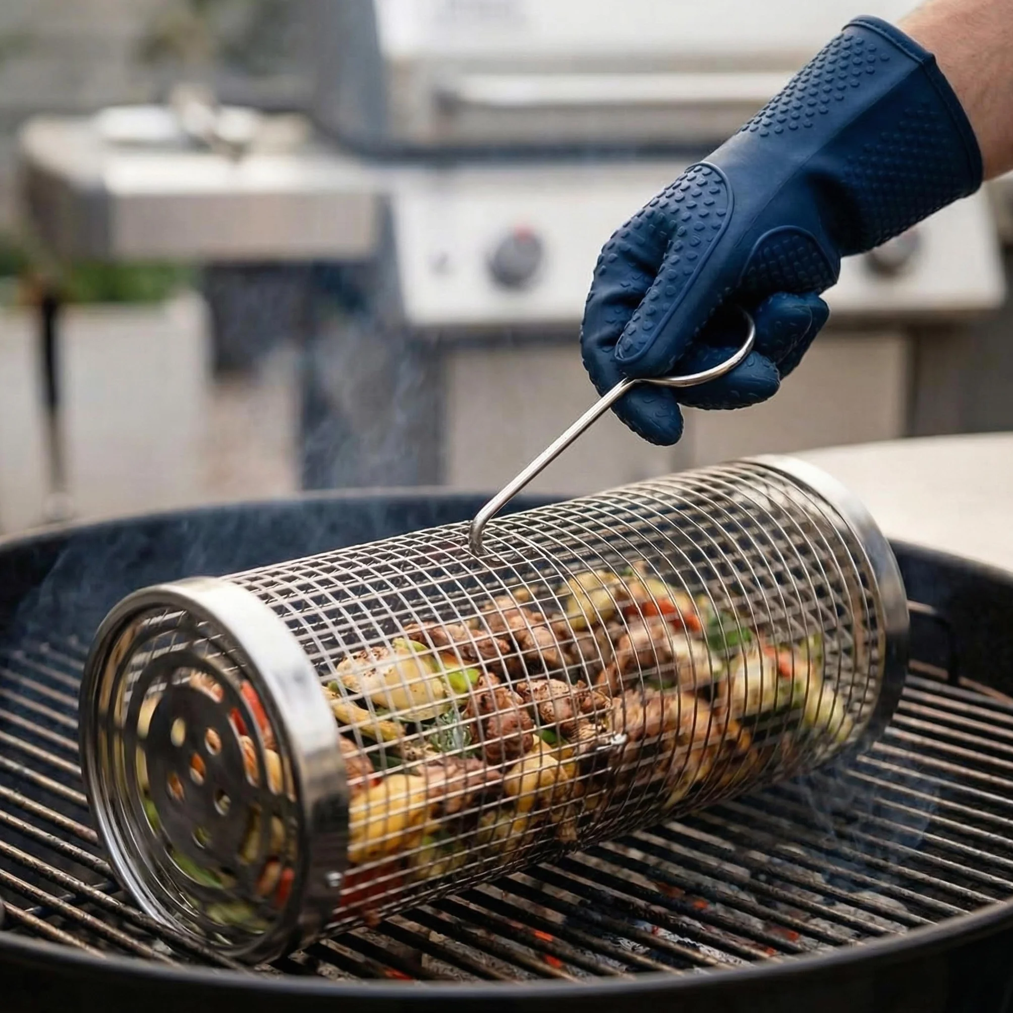MIJOMA Walcowy kosz do grilla 9 x 20 cm – cylindryczny kosz do grilla ze stali szlachetnej – do warzyw, krewetek i małych składników grillowych podczas grillowania na BBQ, kempingu i grillowania na